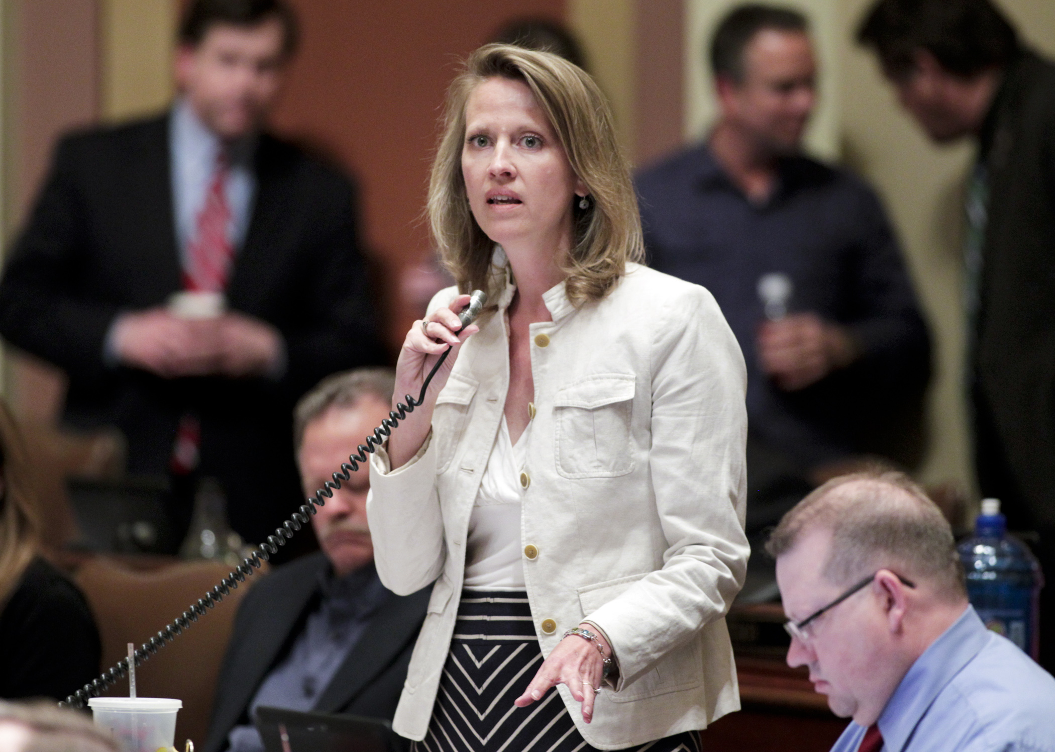 Rep. Sarah Anderson, speaks on an amendment to the omnibus state government finance bill during debate April 24. Photo by Paul Battaglia