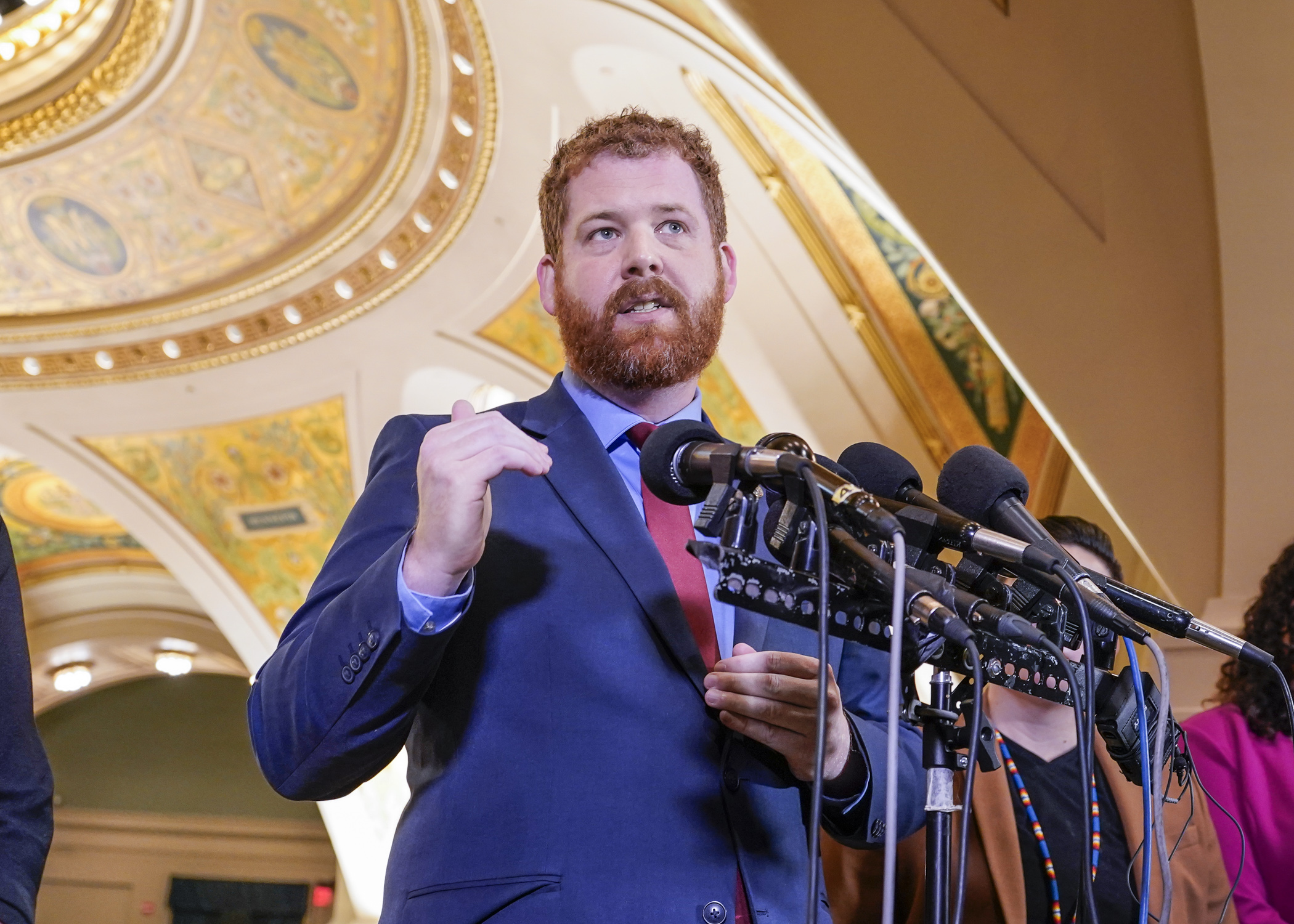 Rep. Zack Stephenson fields questions from the media April 24 ahead of House Floor debate on HF100, a bill he sponsors that would legalize recreational marijuana for adults in Minnesota. (Photo by Catherine Davis)