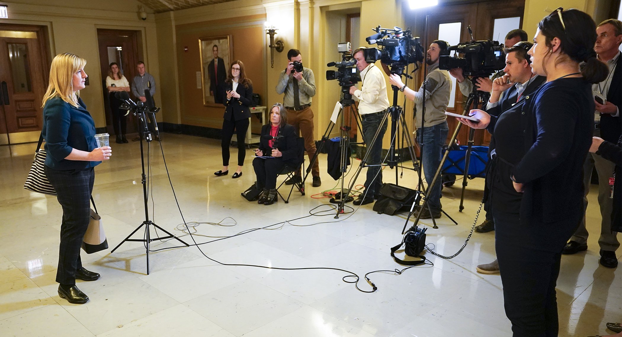 House Speaker Melissa Hortman addresses the media after legislative leaders met with Gov. Tim Walz Monday to discuss legislation to provide frontline worker pay and replenish the state’s unemployment insurance trust fund. (Photo by Paul Battaglia)