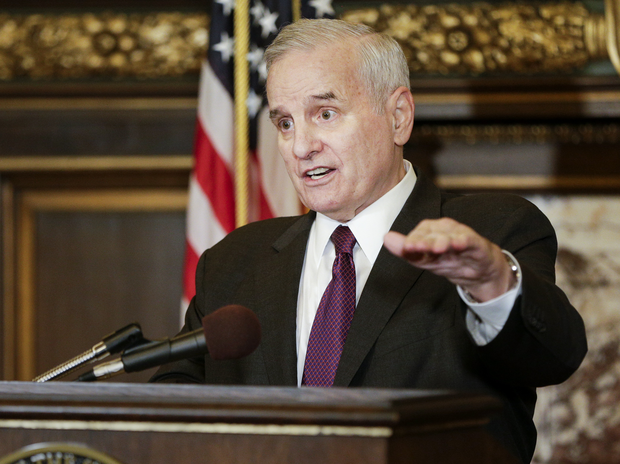 Gov. Mark Dayton speaks on a wide range of subjects, including school vouchers, light-rail and transit funding, and the general progress of the legislative session at an April 26 press conference. Photo by Paul Battaglia