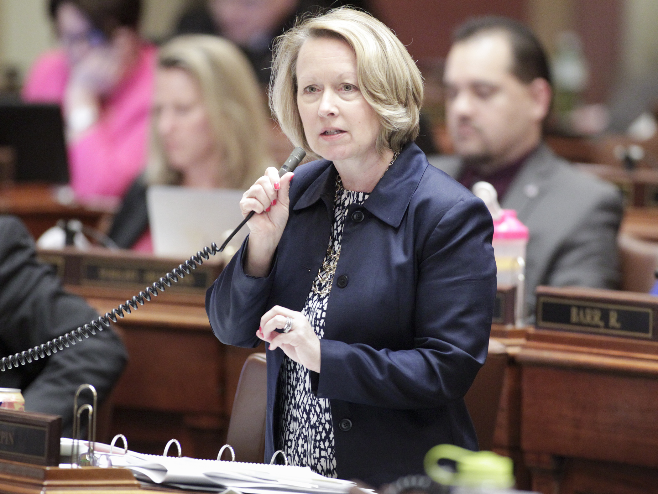 Rep. Jenifer Loon, chair of the House Education Finance Committee, comments during April 26 debate on HF4328, the omnibus education finance bill. Photo by Paul Battaglia