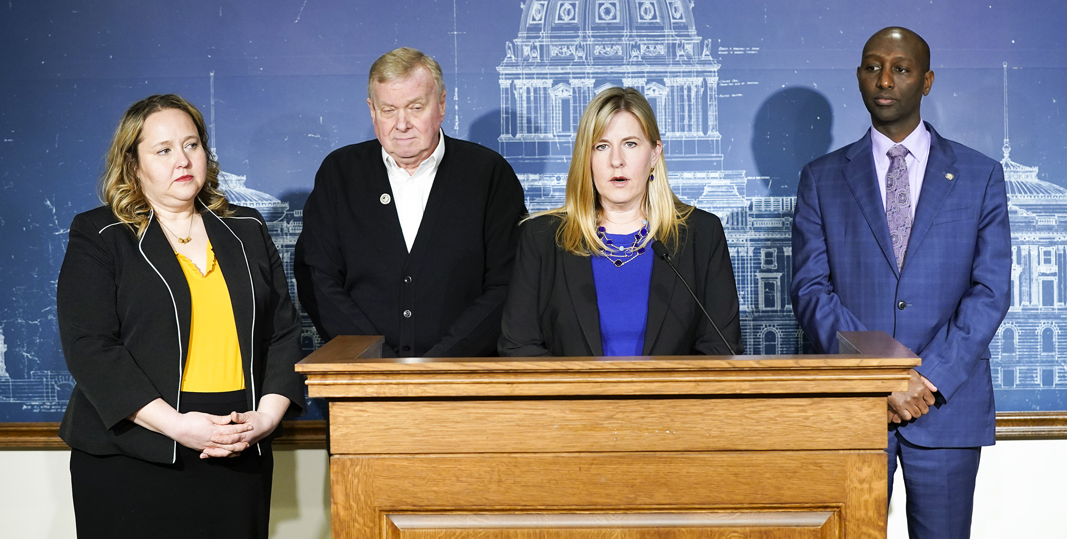 House Speaker Melissa Hortman addresses the media during an April 26 House DFL news conference about the UI trust fund/frontline worker pay bill passed in the House. (Photo by Paul Battaglia)