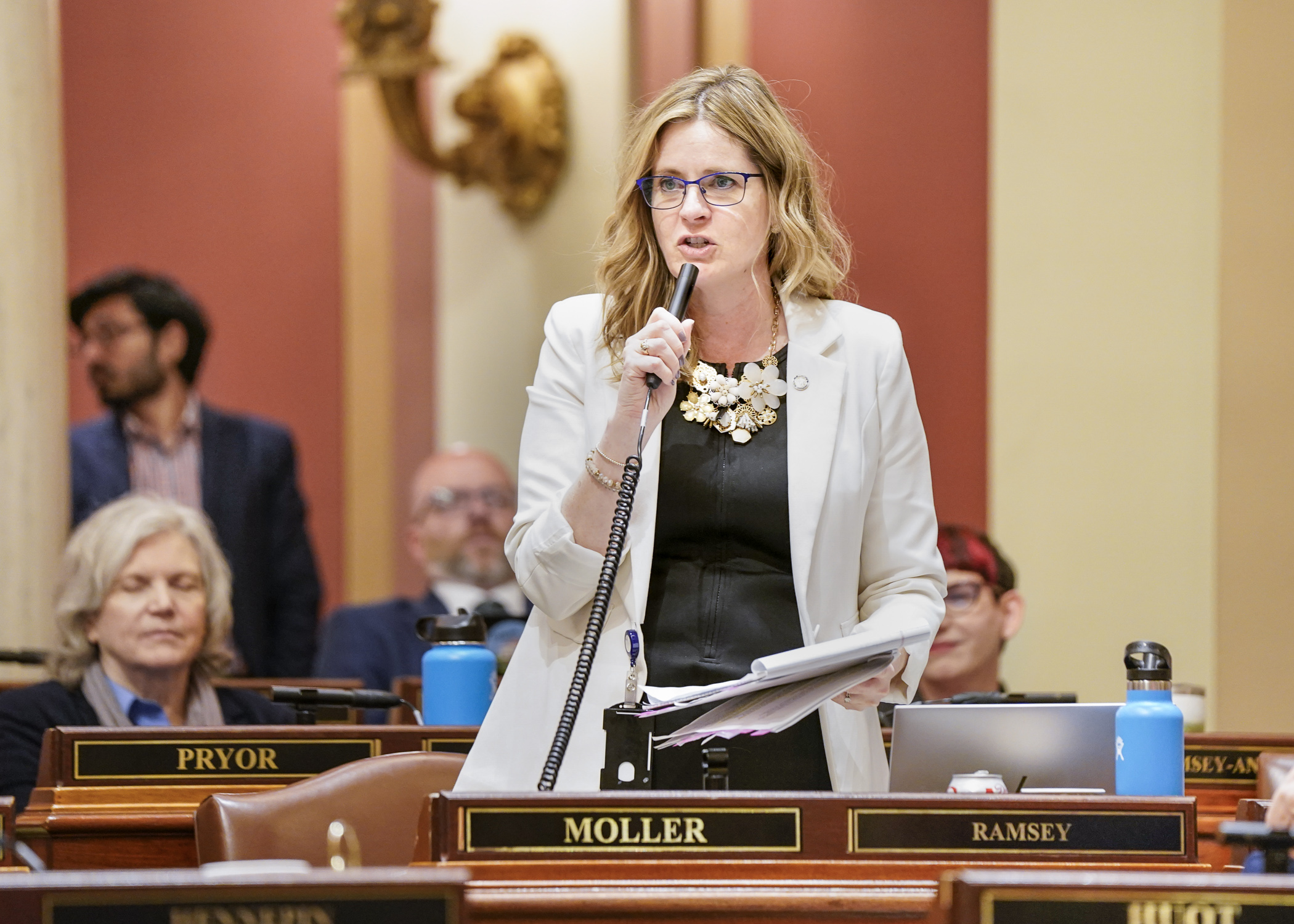 Rep. Kelly Moller urges her colleagues to vote green on SF2909, the omnibus judiciary and public safety finance and policy bill that passed the House on a vote of 69-60 April 26. (Photo by Catherine Davis)
