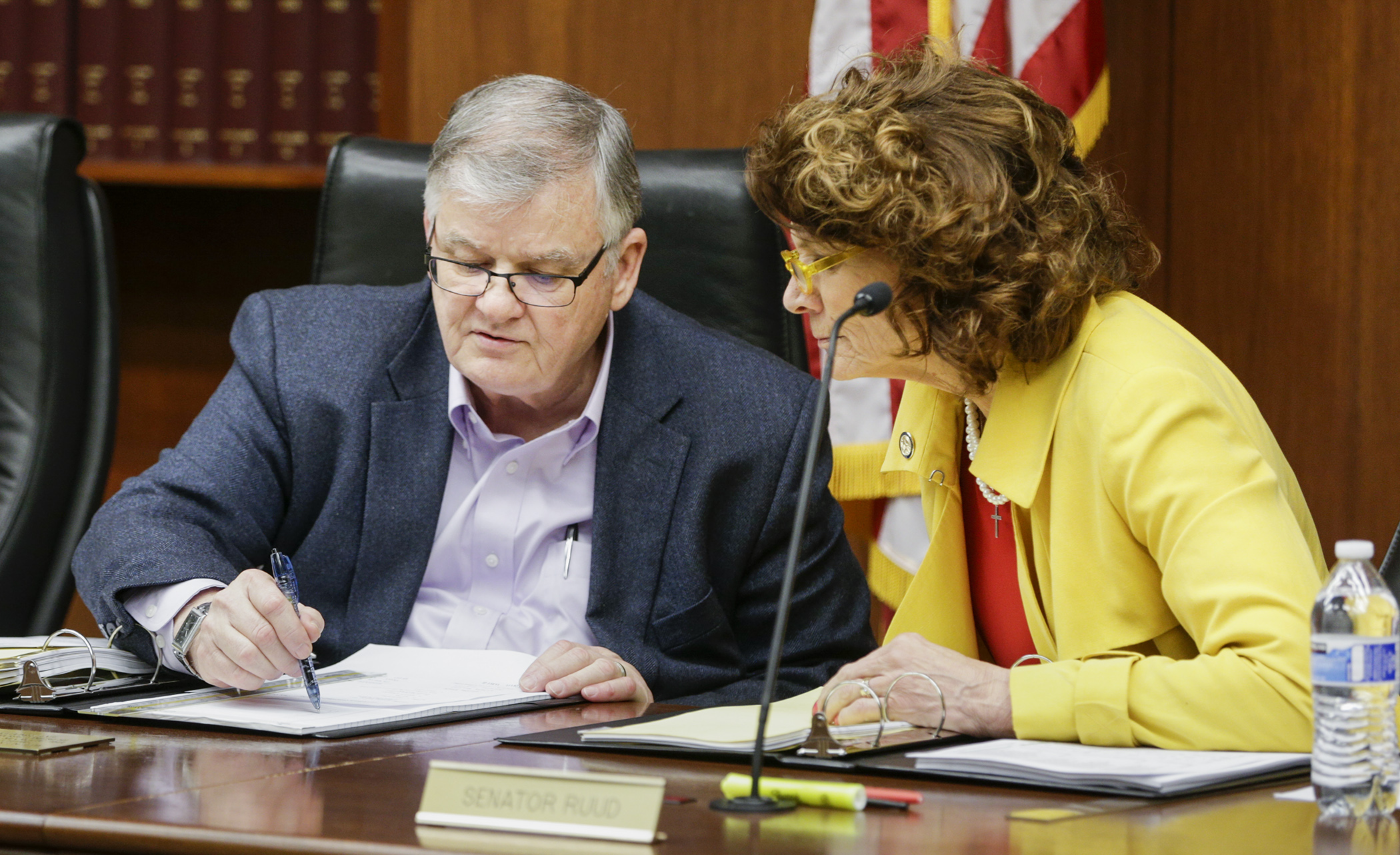 Rep. Bob Gunther and Sen. Carrie Ruud, co-chairs of the omnibus legacy conference committee, confer April 27 before the start of the first meeting. Photo by Paul Battaglia