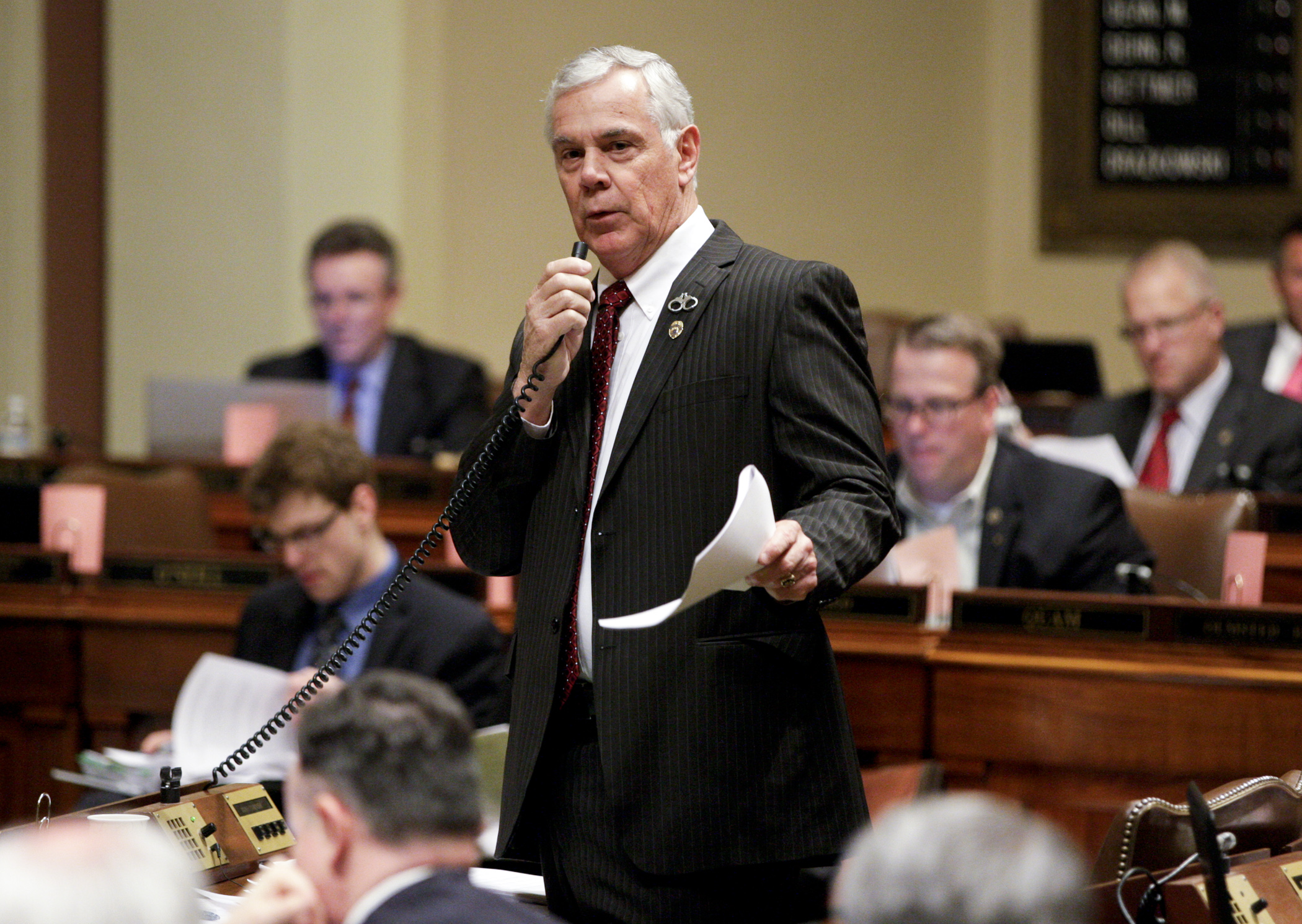 Rep. Tony Cornish, chair of the House Public Safety and Crime Prevention Policy and Finance Committee, explains provisions of the omnibus public safety finance and policy bill during April 28 debate on the House Floor. Photo by Paul Battaglia