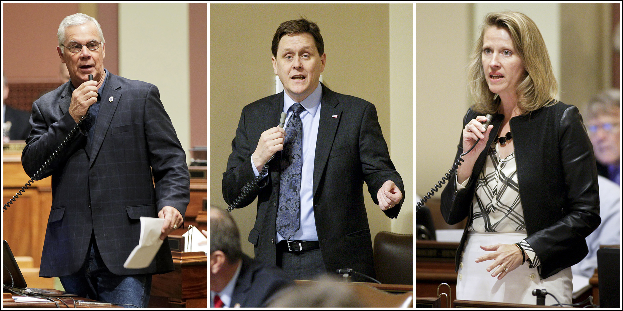 Rep. Tony Cornish, from left, Rep. Matt Dean and Rep. Sarah Anderson discuss parts of HF3467 on the House Floor April 28. Photos by Paul Battaglia