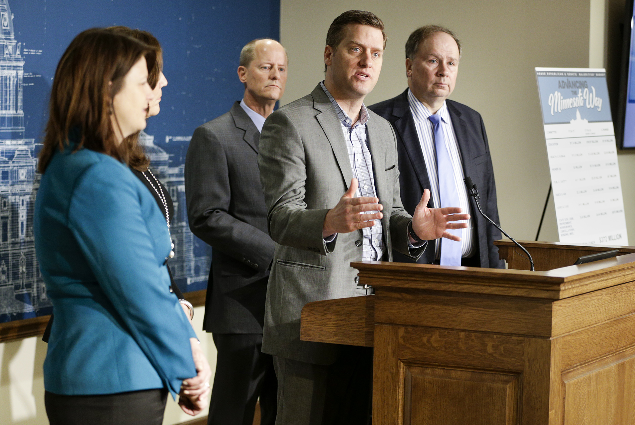 House Speaker Kurt Daudt discusses details of the House/Senate joint budget targets during an April 28 news conference. Also pictured are, from left, House Majority Leader Joyce Peppin, Sen. Julie Rosen, Senate Majority Leader Paul Gazelka and Rep. Jim Knoblach. Photo by Paul Battaglia