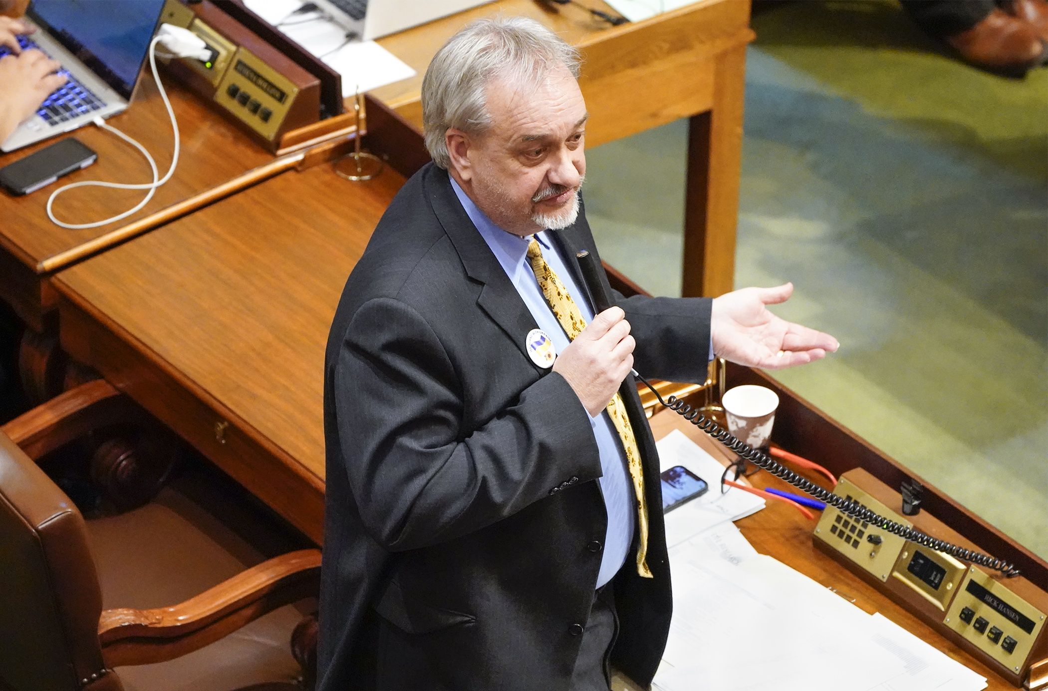 Rep. Rick Hansen, chair of the House Environment and Natural Resources Finance and Policy Committee, speaks during floor debate on the omnibus supplemental environment and natural resources finance and policy bill April 28. (Photo by Paul Battaglia)