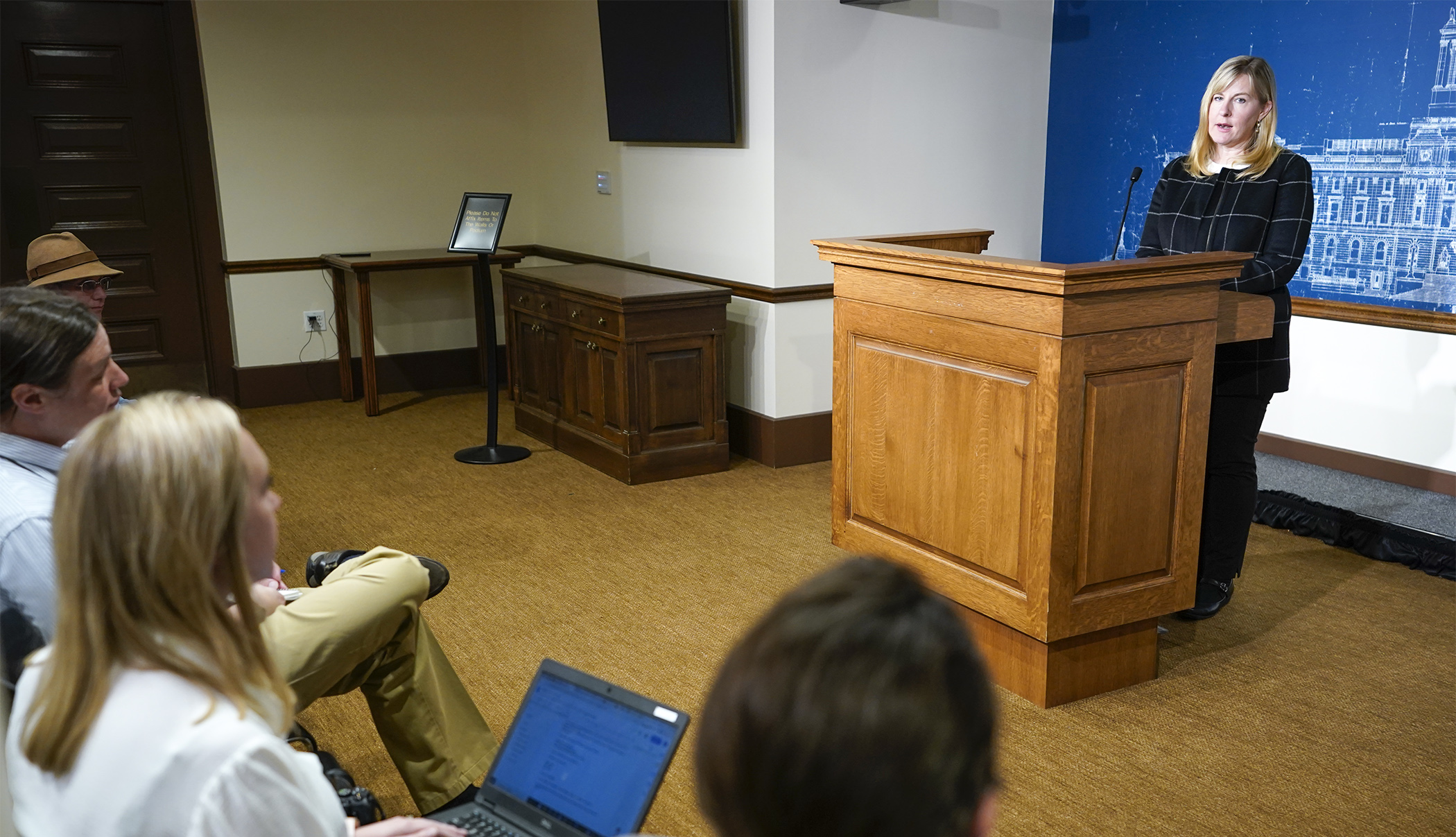 House Speaker Melissa Hortman addresses the media during an April 28 news conference on the agreement struck with the Senate on the UI trust fund/frontline worker pay bill. (Photo by Paul Battaglia)