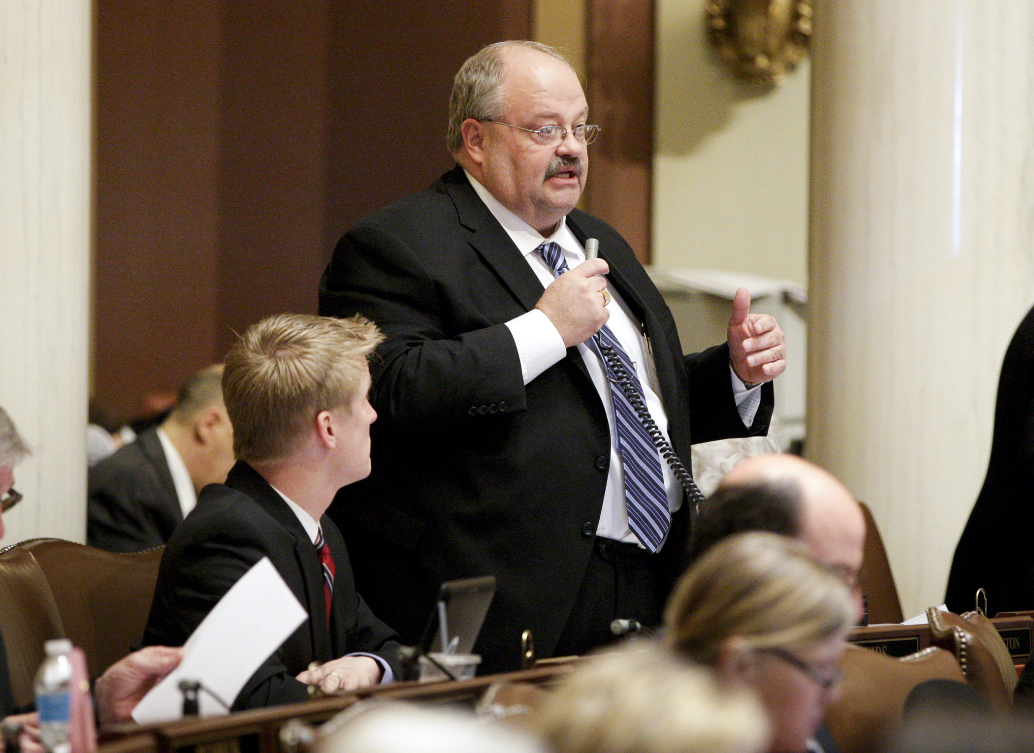 Rep. Greg Davids, chair of the House Taxes Committee, discusses an amendment to the omnibus tax bill, HF848, during April 29 debate on the House Floor. Photo by Paul Battaglia