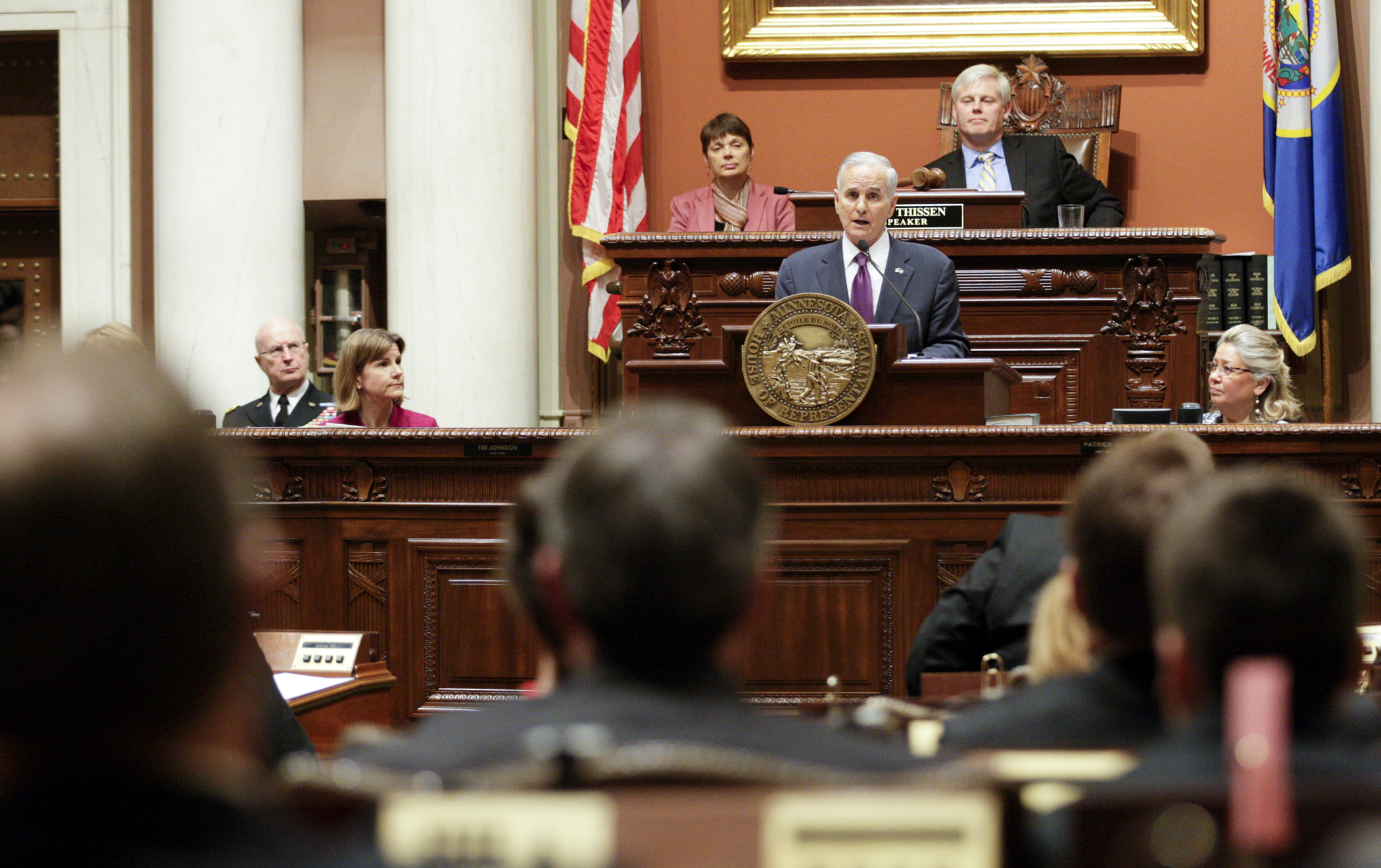 Gov. Mark Dayton delivers his State of the State address to a joint session of the Legislature in the House Chamber April 30. Photo by Paul Battaglia