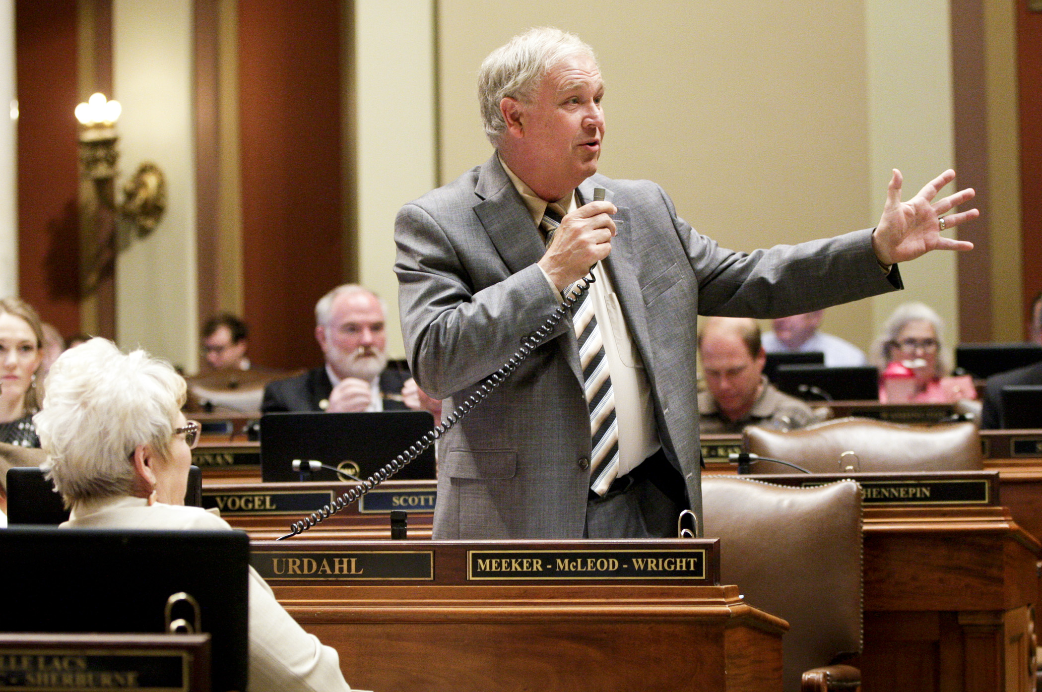 Rep. Dean Urdahl, chair of the House Legacy Funding Finance Committee, explains provisions of the omnibus legacy finance bill, HF303, during debate on the House Floor April 30. Photo by Paul Battaglia