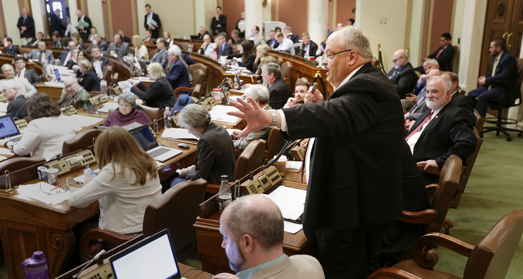 Rep. Greg Davids, chair of the House Taxes Committee, makes his final comments on HF4385, the omnibus tax bill, during floor debate April 30. Photo by Paul Battaglia