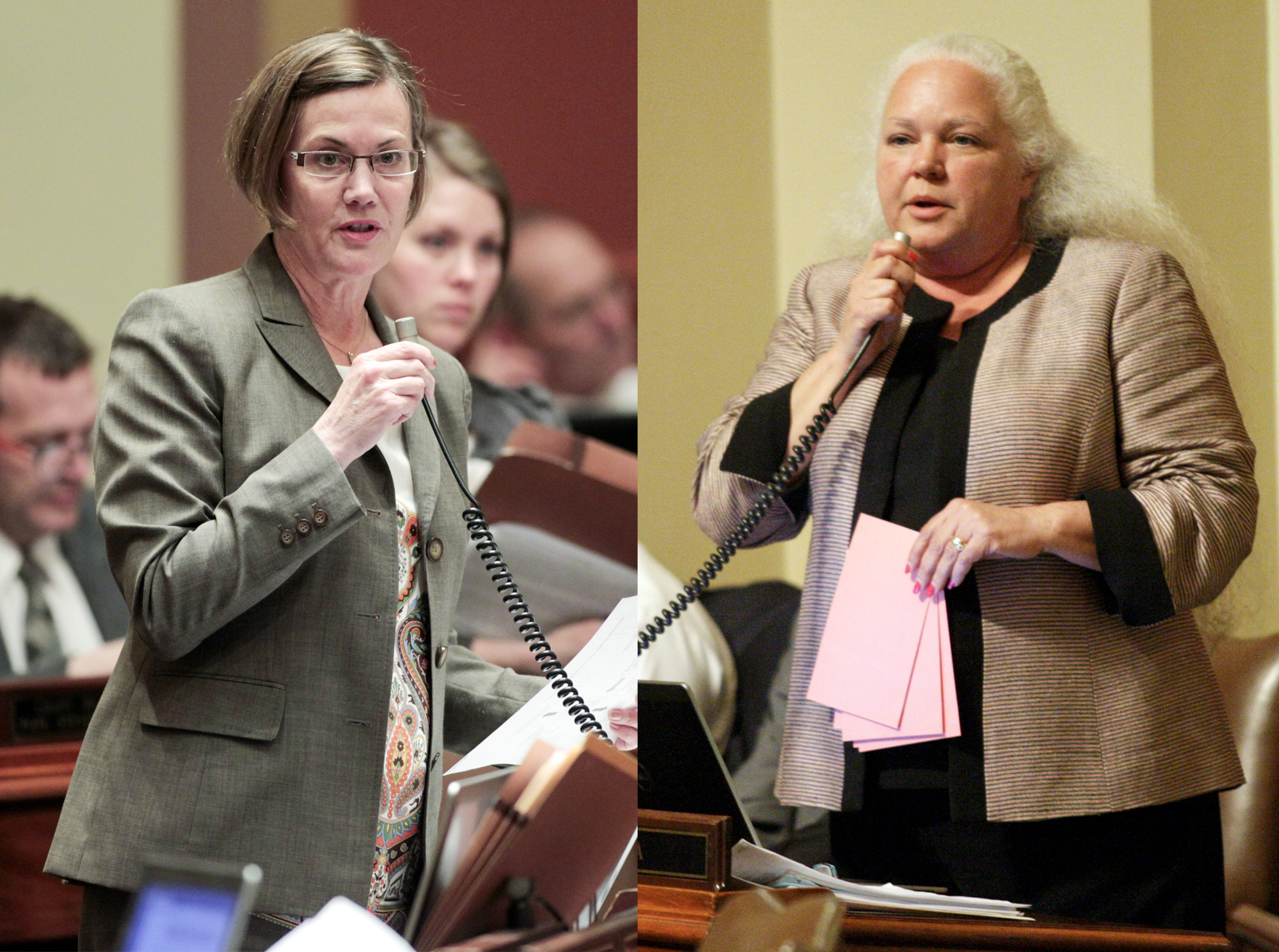 Rep. Kim Norton, left, and Rep. Mary Liz Holberg speak May 1 on opposite sides of HF2526, the so-called newborn screening bill, in this side-by-side combination photo. Photo illustration by Paul Battaglia
