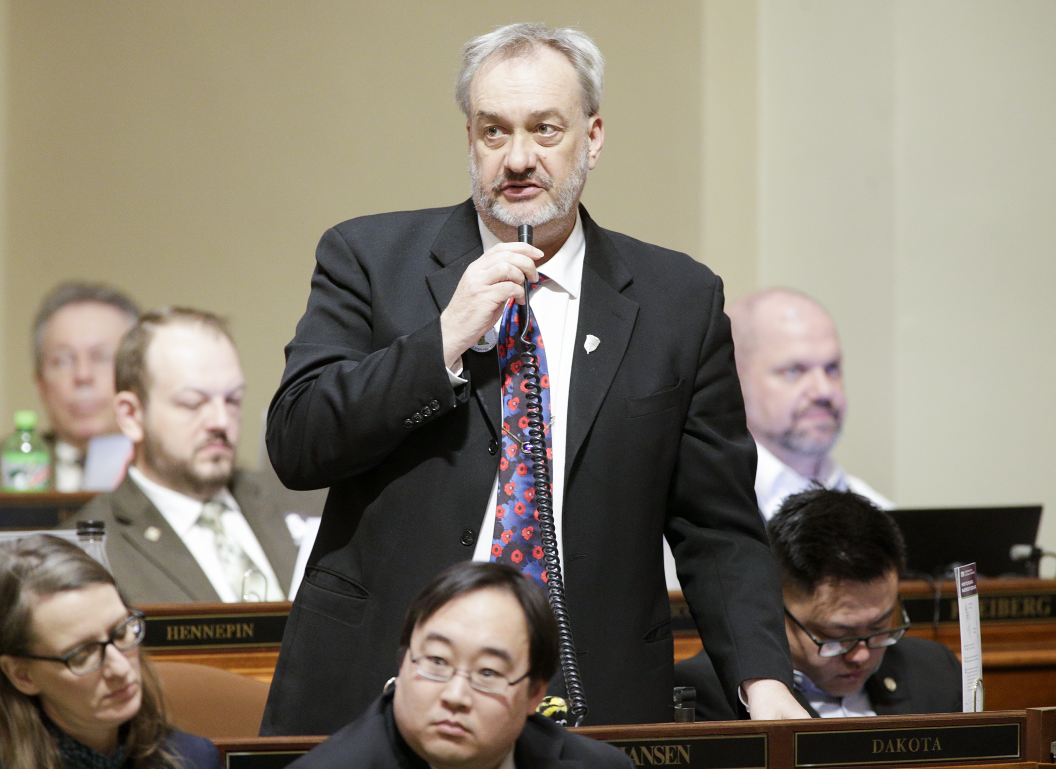 Rep. Rick Hansen, chair of the House Environment and Natural Resources Finance Division, comments during floor debate of HF2032, which appropriates funds from the Environment and Natural Resources Trust Fund. Photo by Paul Battaglia