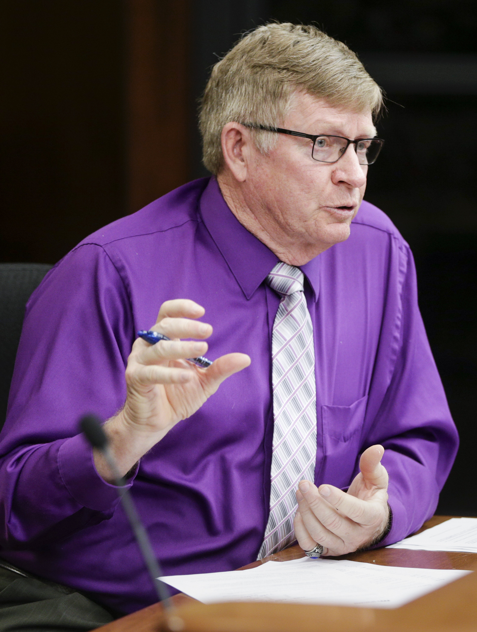 Rep. Paul Anderson answers a question during testimony on HF4395 in the House Property Tax and Local Government Finance Division Wednesday. The bill would, in part, provide a property tax credit for buffer lands. Photo by Paul Battaglia