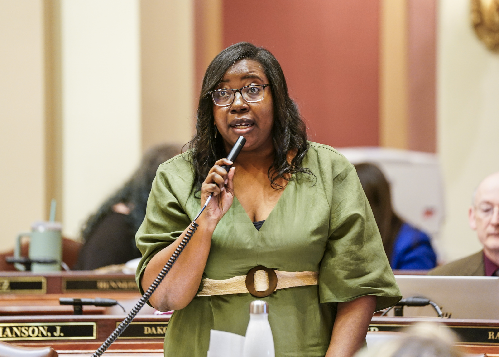 Rep. Ruth Richardson speaks on the House Floor May 2. The third-term DFL legislator announced her resignation from the House Sept. 1. (House Photography file photo)