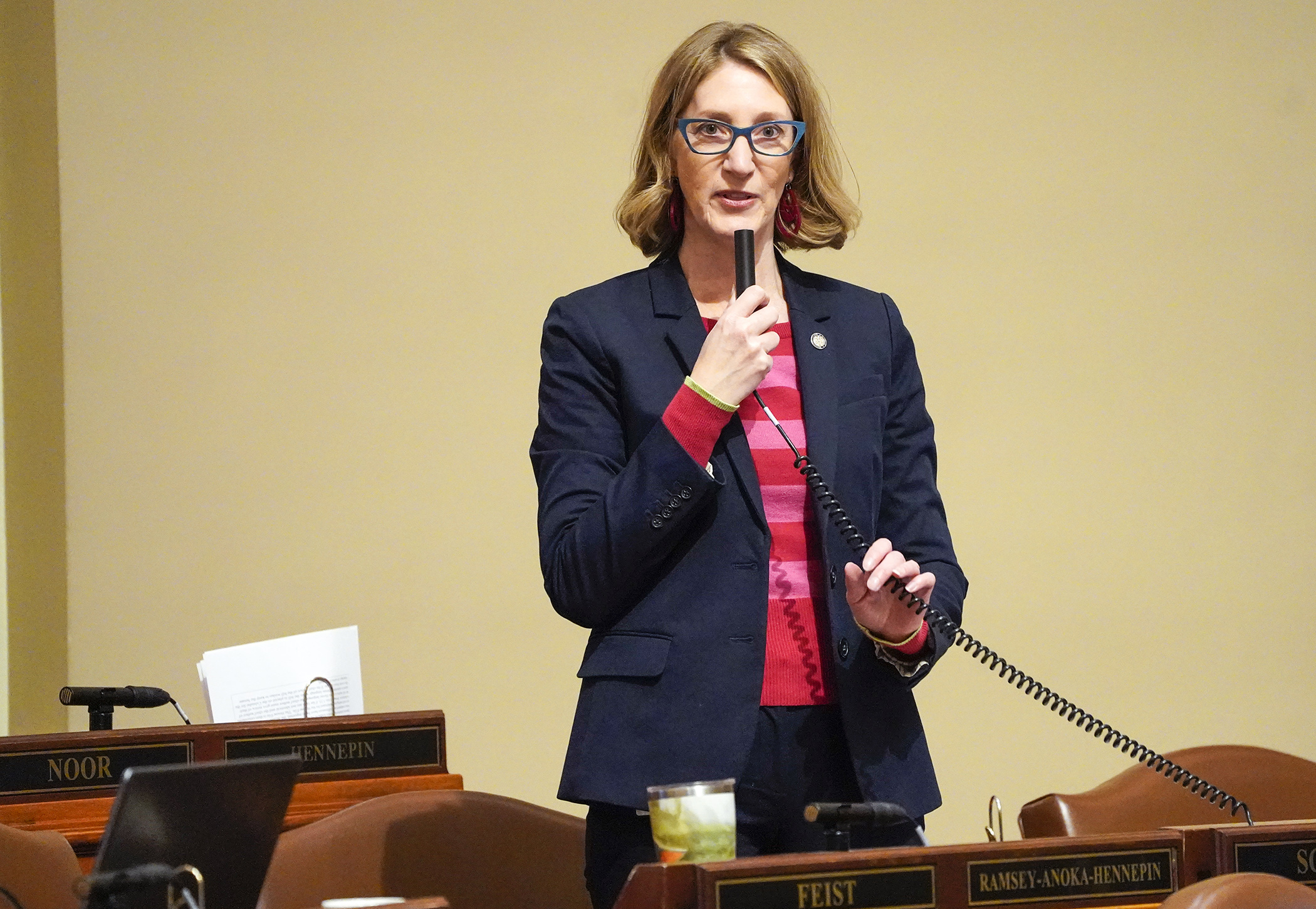 Rep. Jennifer Schultz, chair of the House Human Services Finance and Policy Committee, makes opening remarks as debate on HF4706/SF4410*, the omnibus health and human services bill, begins May 3. (Photo by Paul Battaglia)