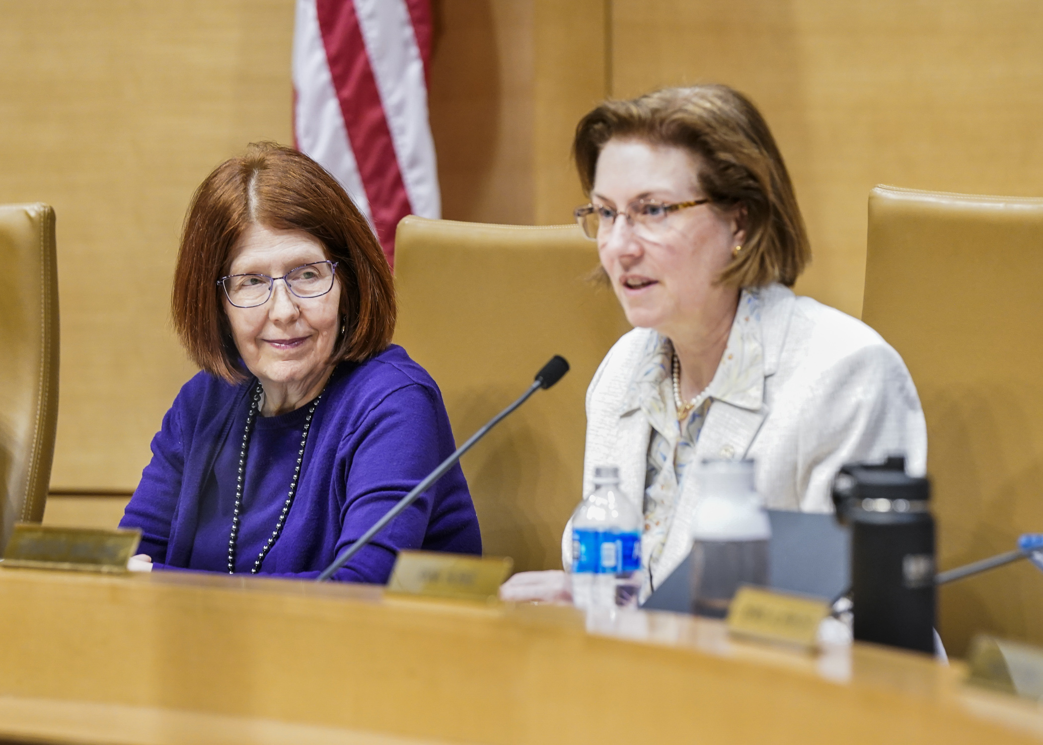 Rep. Tina Liebling listens May 3 as co-chair Sen. Melissa Wiklund lays out the schedule for the conference committee on the health and human services appropriations bill. (Photo by Catherine Davis)