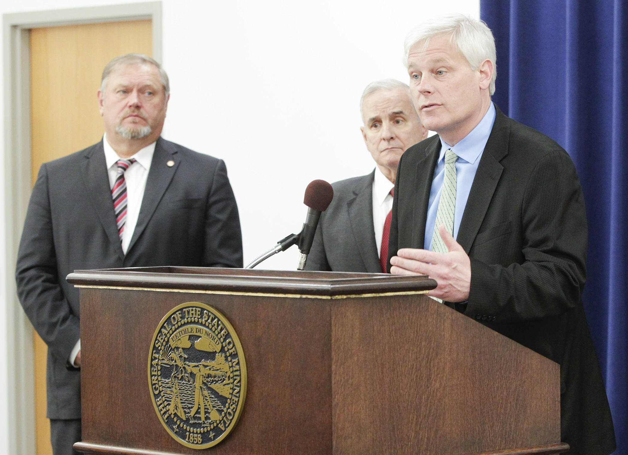 House Minority Leader Paul Thissen is joined by Senate Majority Leader Tom Bakk, left, and Gov. Mark Dayton at a May 4 news conference where they urged House Republican leaders to release their bonding bill. Photo by Paul Battaglia
