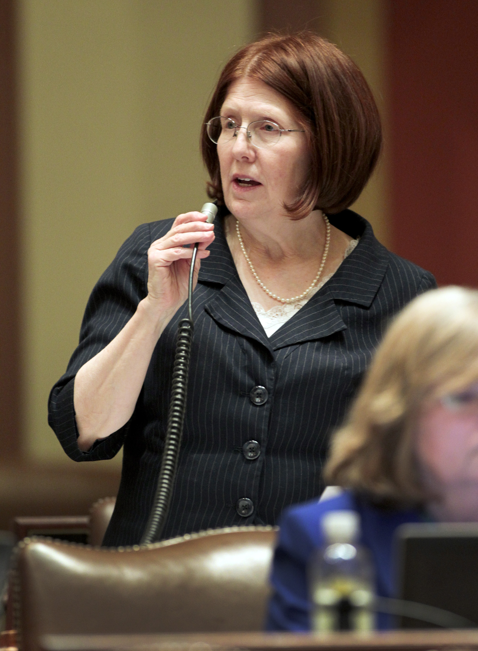 Rep. Tina Liebling responds to a member’s amendment during floor debate on her bill, HF2402, the omnibus health and human services policy bill May 5. Photo by Paul Battaglia