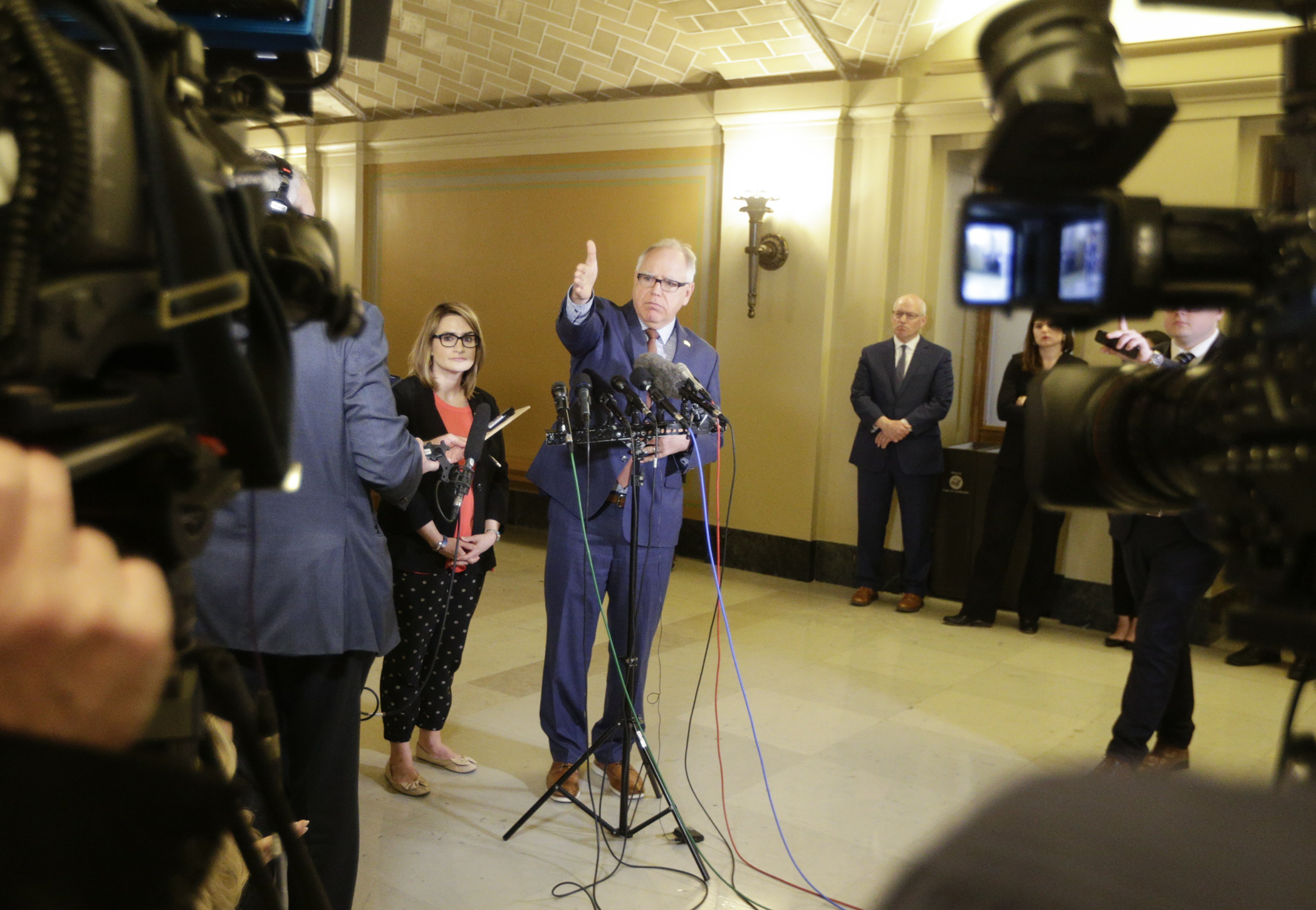 Gov. Tim Walz said a morning meeting with House Speaker Melissa Hortman and Senate Majority Leader Paul Gazelka was “positive,” as they try to work out budget differences with two weeks to go in the legislative session. Photo by Paul Battaglia