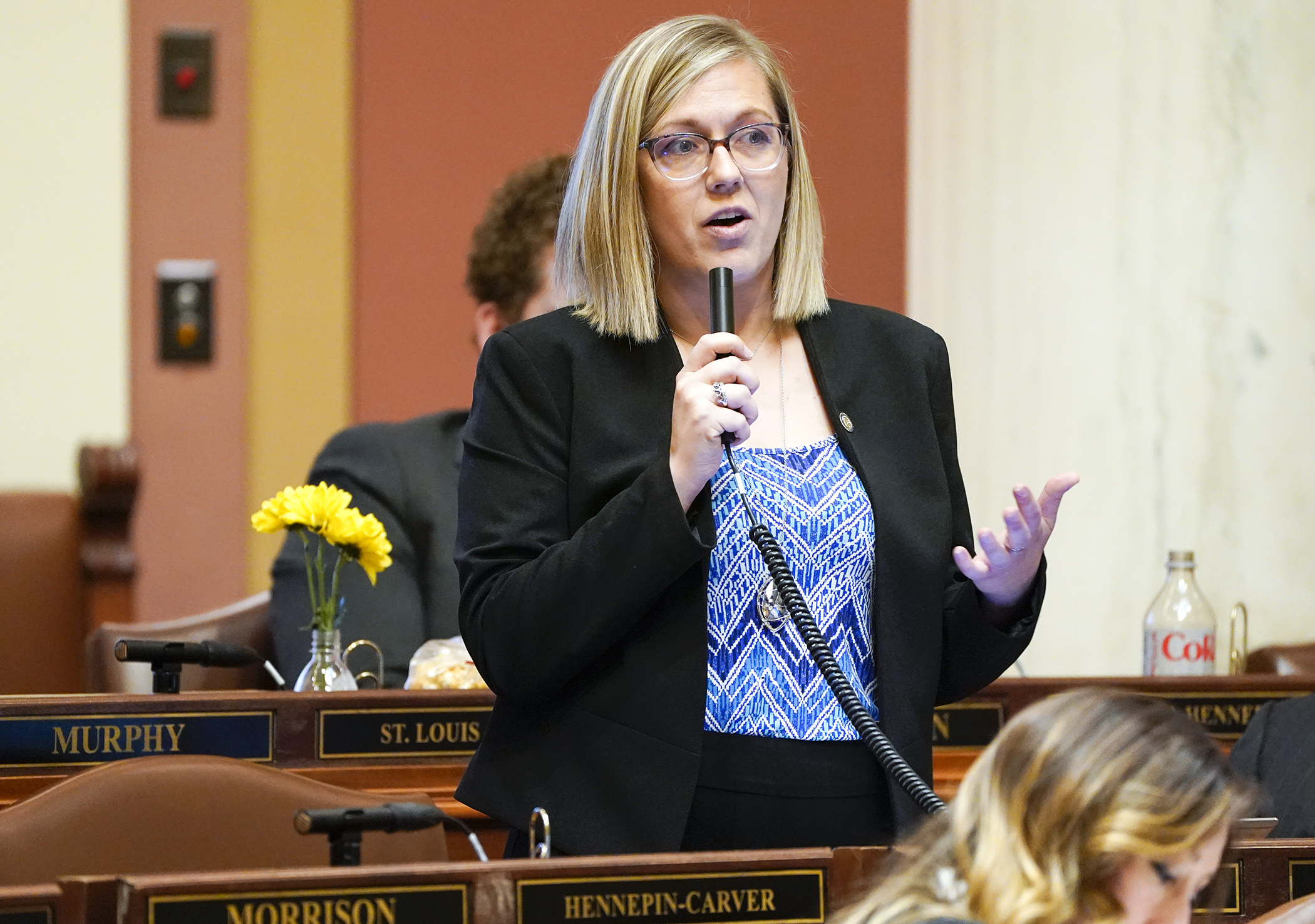 Rep. Jessica Hanson comments during the May 6 floor debate on HF3845. The bill she sponsors would, in part, create an Office of the Foster Youth Ombudsperson. (Photo by Paul Battaglia)