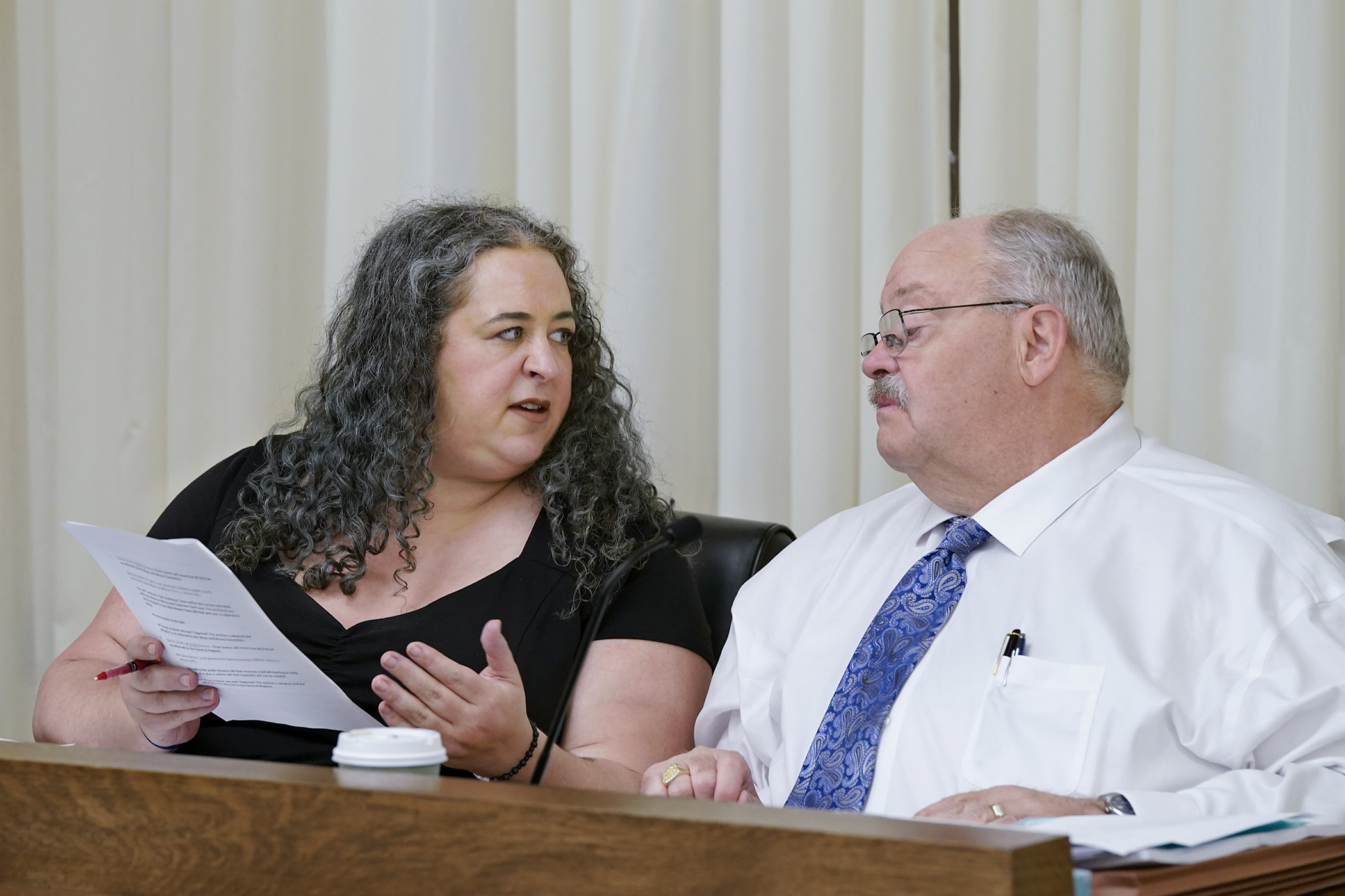 Co-chairs Rep. Aisha Gomez and Rep. Greg Davids converse before presenting the omnibus tax bill to the House Taxes Committee May 6. (Photo by Michele Jokinen)