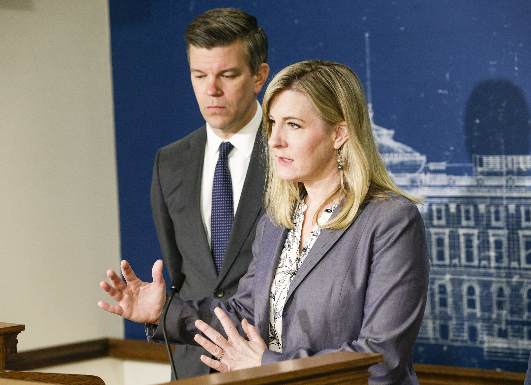 House Speaker Melissa Hortman discusses the breakdown of budget negations with the Senate during a May 7 news conference. Photo by Paul Battaglia