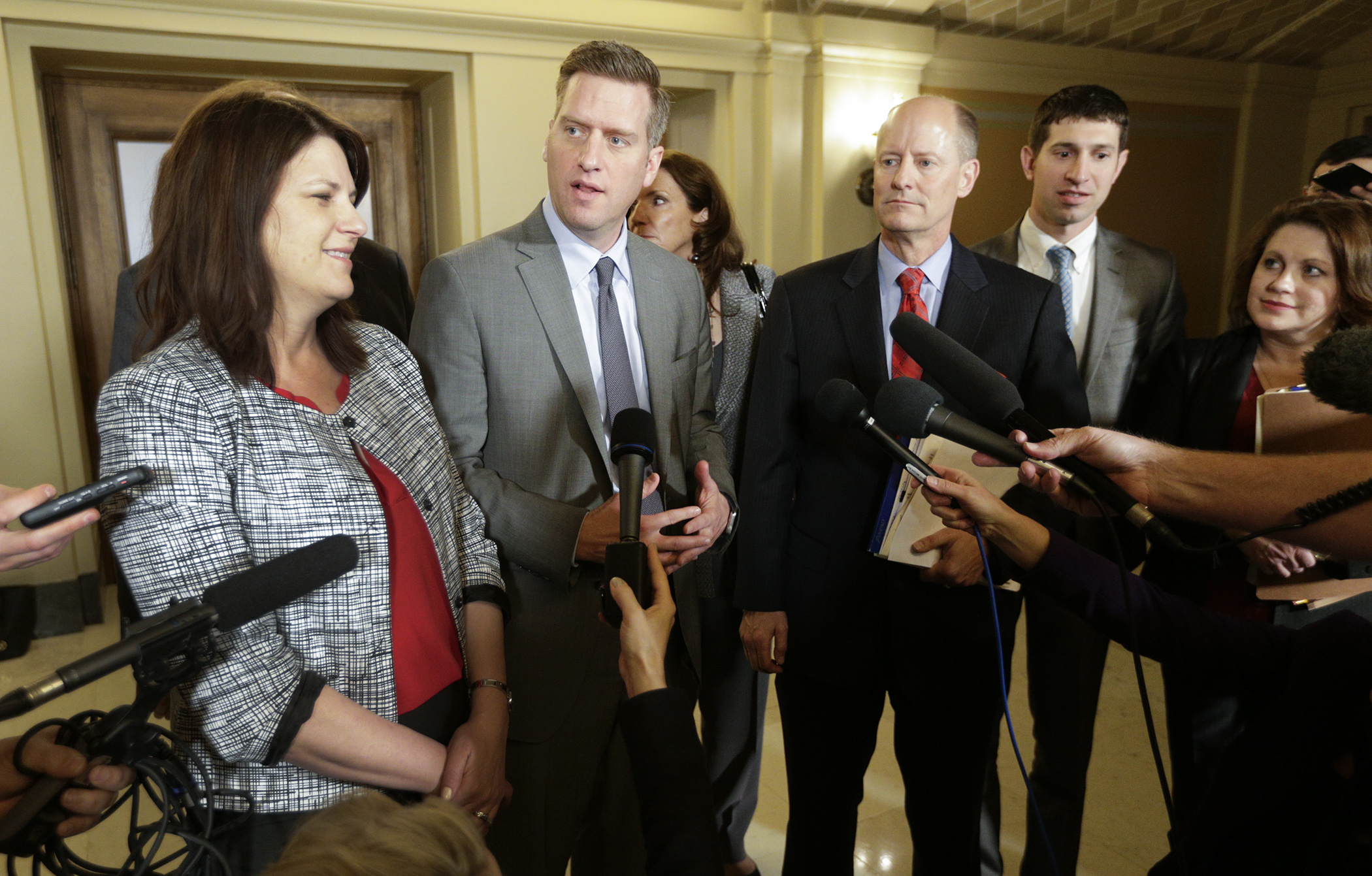 House and Senate Republican leaders meet with the media following a meeting with Gov. Dayton May 9. House Photography file photo. 