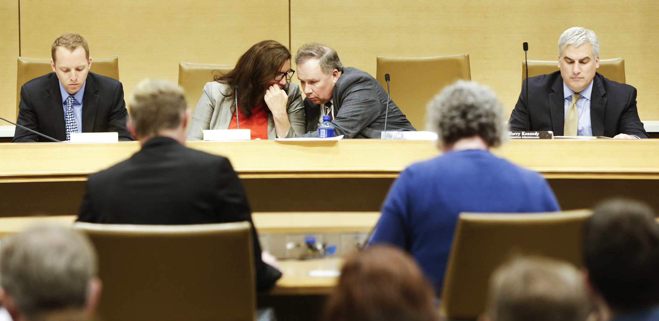 Sen. Julie Rosen and Rep. Jim Knoblach, co-chairs of the supplemental budget conference committee, confer May 8 as staff begins and overview of the House and Senate bills. Photo by Paul Battaglia