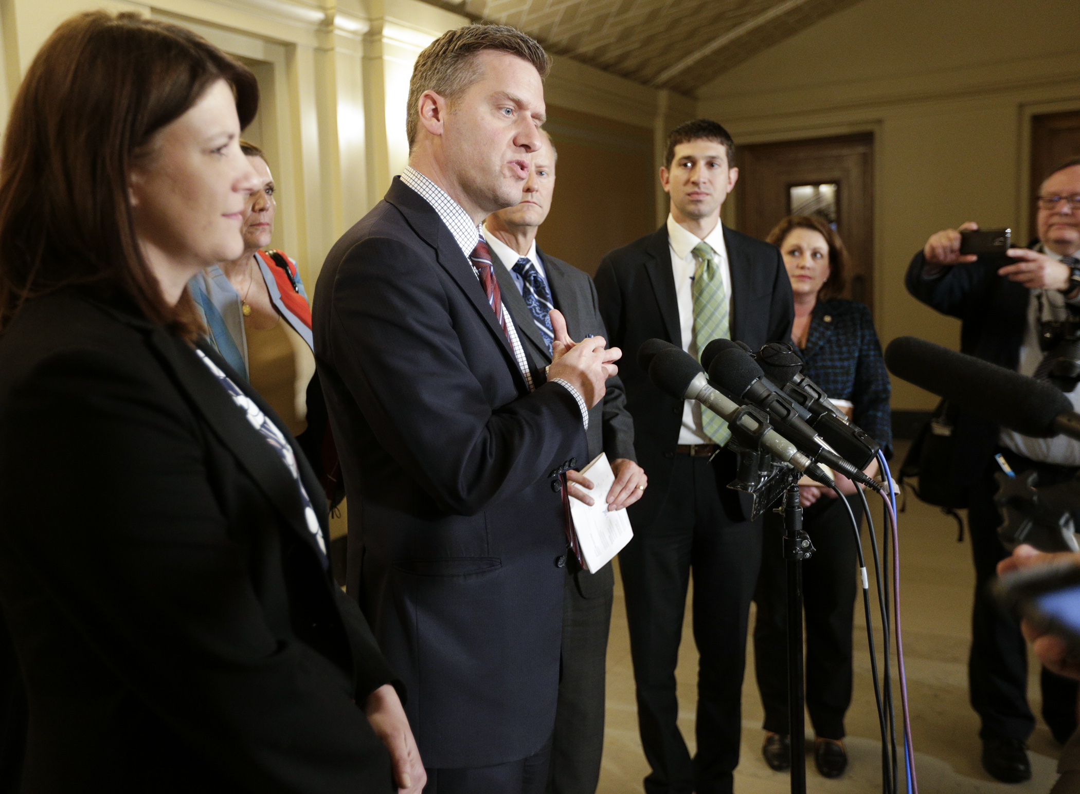 House Speaker Kurt Daudt comments to the press after receiving a counter budget offer from Gov. Mark Dayton at their afternoon meeting saying the GOP leaders would now have to decide how they want to proceed. Photo by Paul Battaglia
