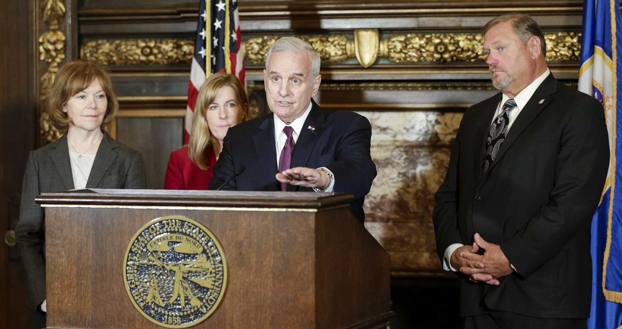 Gov. Mark Dayton addresses the media following a budget negotiation meeting with legislative Republican leaders May 9. House Photography file photo