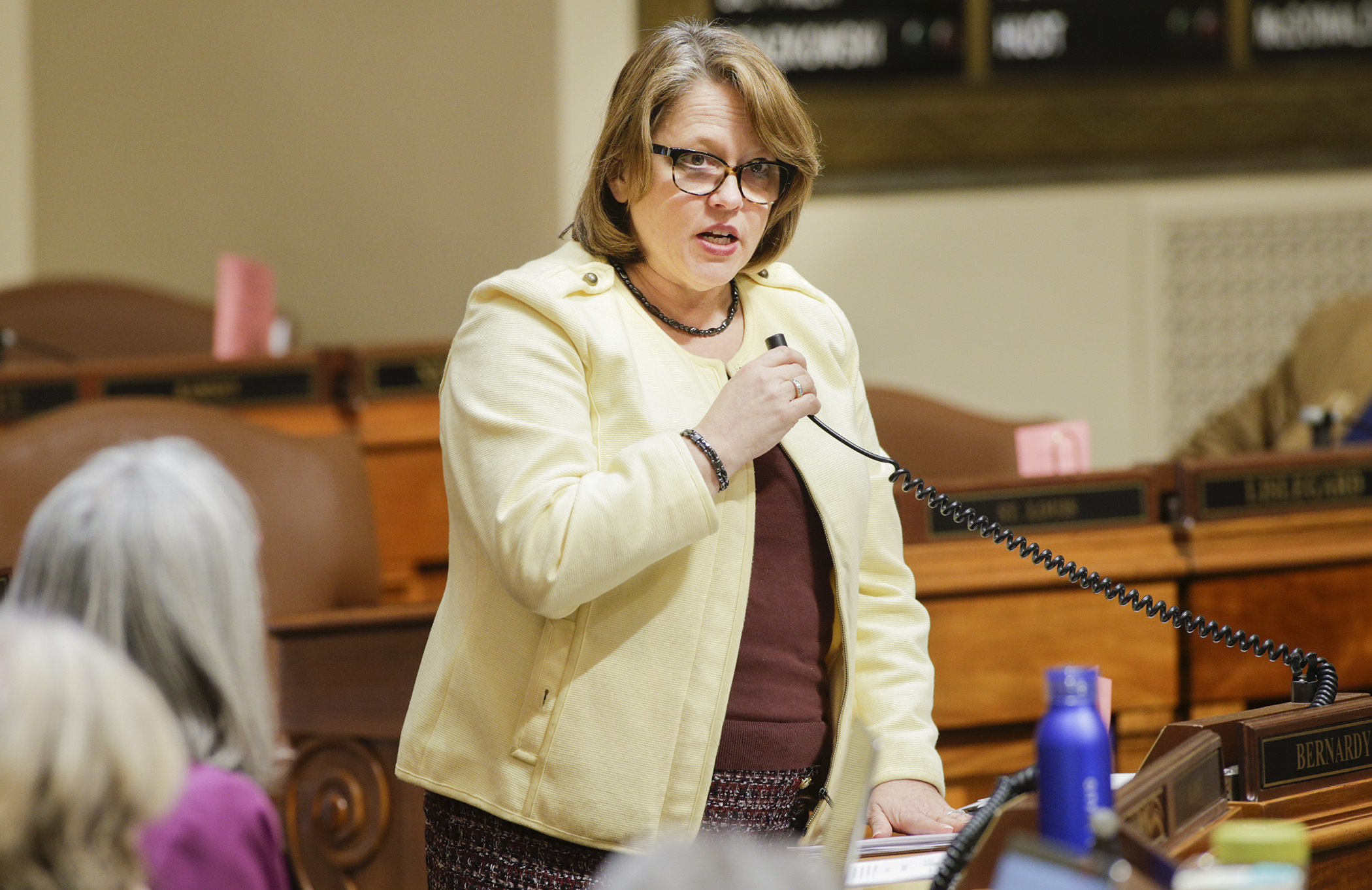 Rep. Connie Bernardy comments during floor debate May 9 on HF2849, which would provide financial aid to former students of Argosy University in Eagan, which abruptly closed in March. Photo by Paul Battaglia
