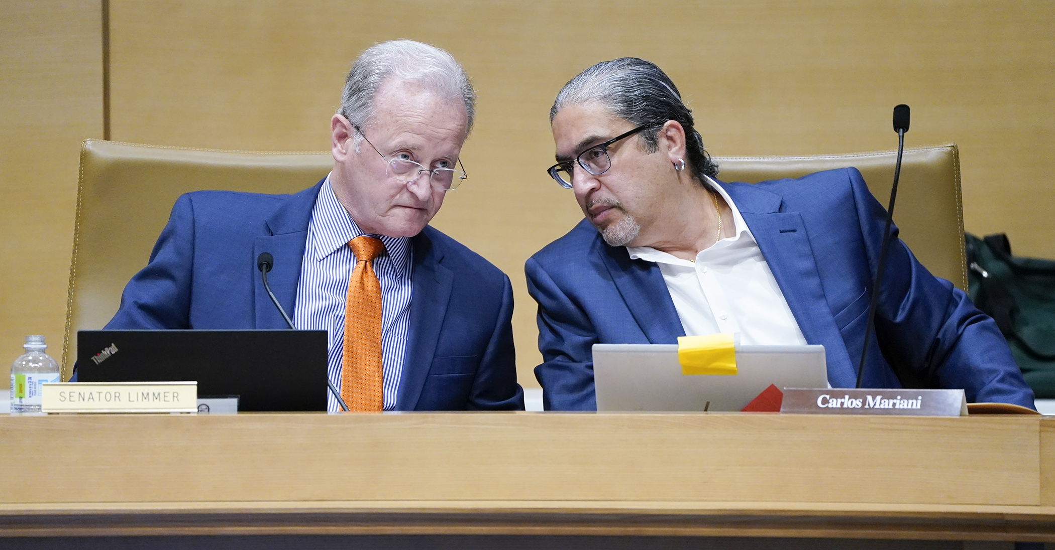 Sen. Warren Limmer, left, and Rep. Carlos Mariani confer during the first meeting of the omnibus public safety policy and supplemental appropriations conference committee May 10. (Photo by Paul Battaglia)