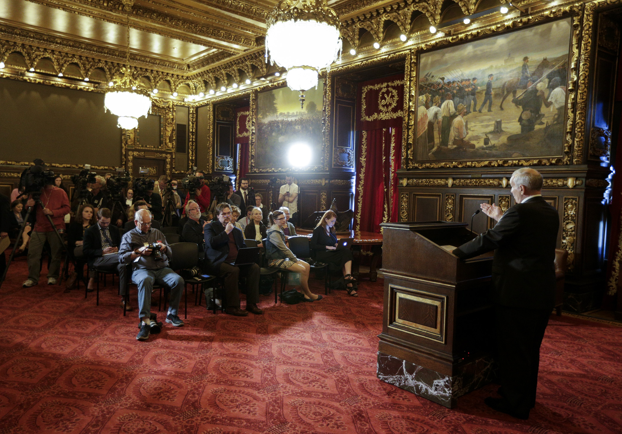 Gov. Mark Dayton speaks about the end of session process at a May 11 news conference. Photo by Paul Battaglia