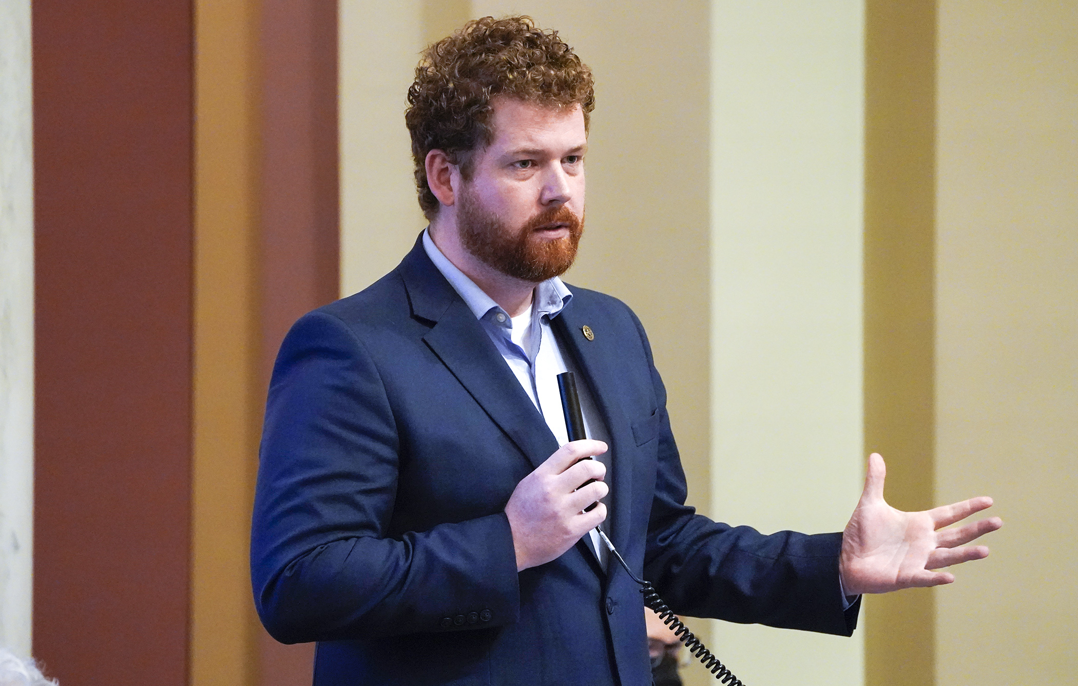 Rep. Zack Stephenson comments during May 11 debate on the omnibus liquor bill that he sponsors. (Photo by Paul Battaglia)