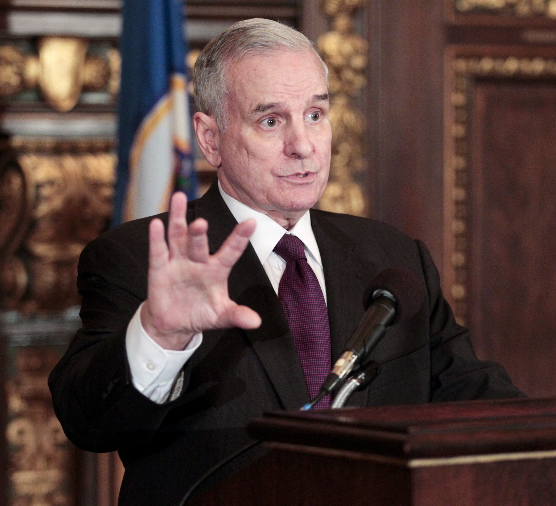 Gov. Mark Dayton said at a May 12 press conference that his end-of-session priorities are the bonding and budget bills, and he would like the Senate to vote on the payday lending bill. Photo by Paul Battaglia