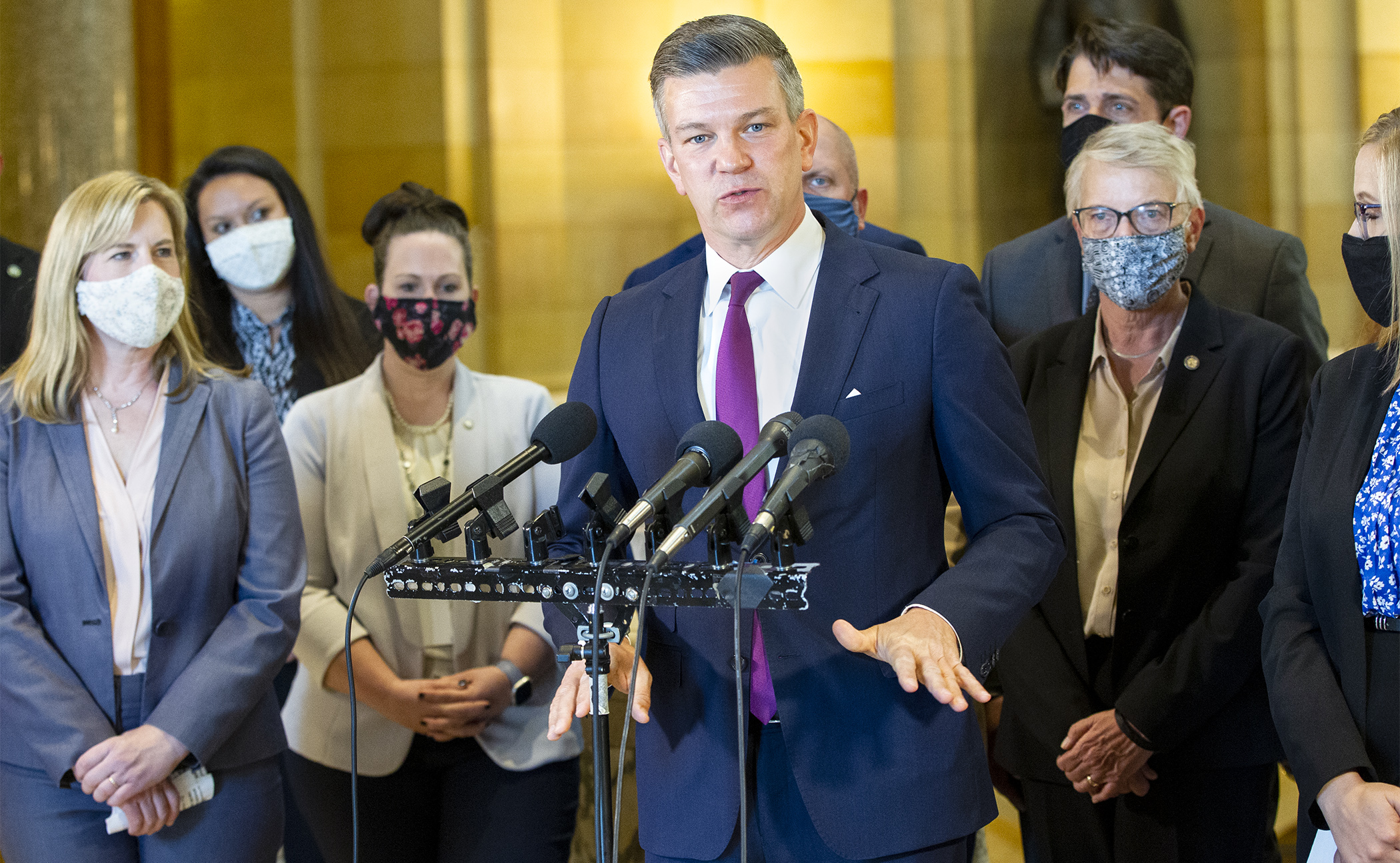 House Majority Leader Ryan Winkler (DFL-Golden Valley), pictured here during a May 2021 news conference, announced Oct. 5 he plans to run for Hennepin County attorney in 2022. House Photography file photo