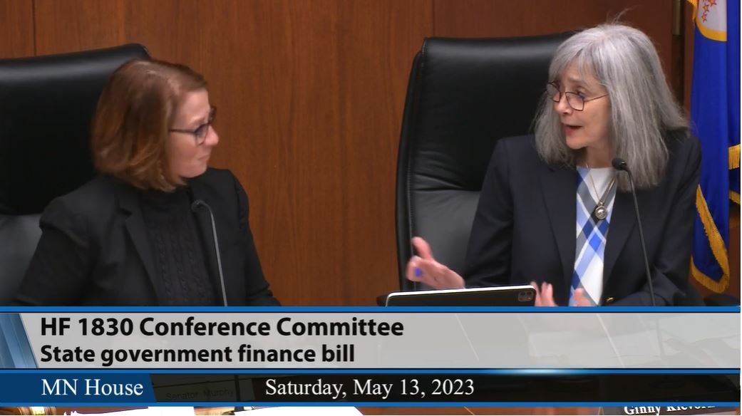 Co-chairs Sen. Erin Murphy, left, (DFL-St. Paul) and Rep. Ginny Klevorn (DFL-Plymouth) during a May 13 meeting of the Conference Committee on HF1830, the state government finance bill. (Screenshot)