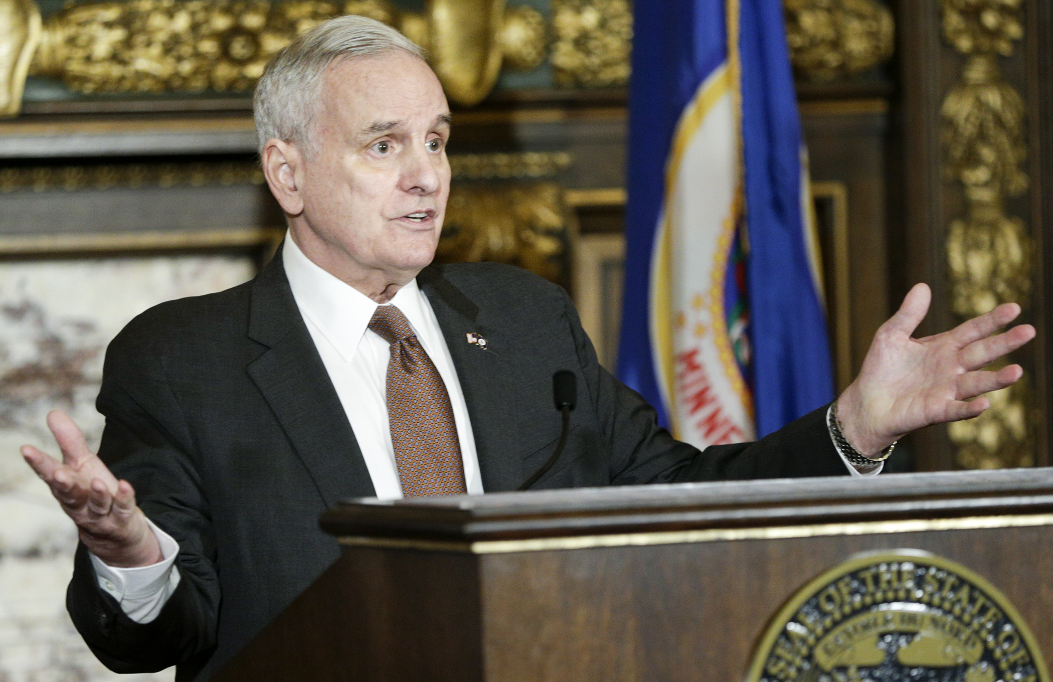 At a Monday press conference, Gov. Mark Dayton criticized Republican legislative proposals which he said put corporate tax cuts ahead of the needs of school children. Photo by Paul Battaglia