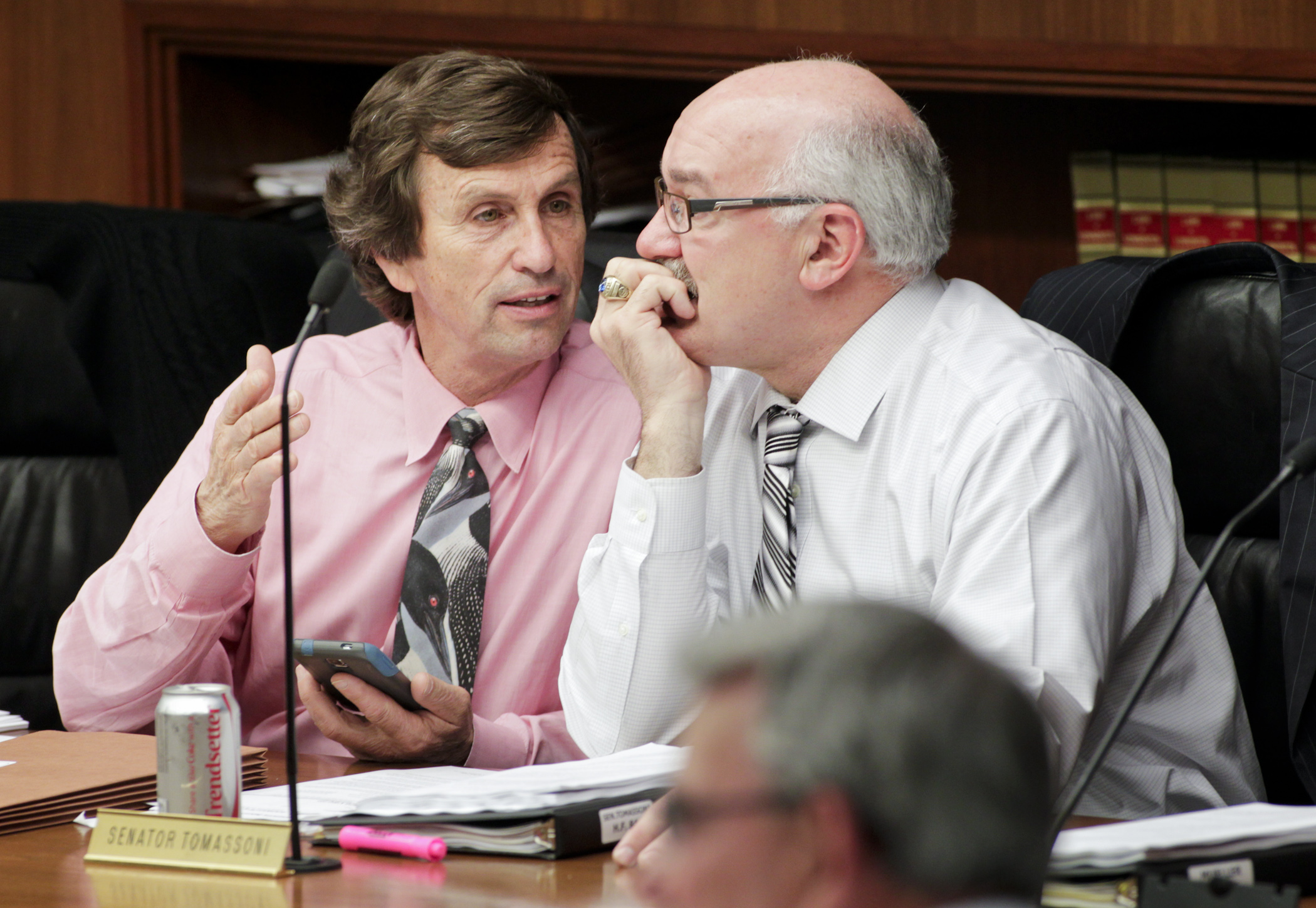 Rep. Denny McNamara, left, and Sen. David Tomassoni confer before the start of the conference committee on the omnibus environment, natural resources and agriculture policy and finance bill May 16. Photo by Paul Battaglia