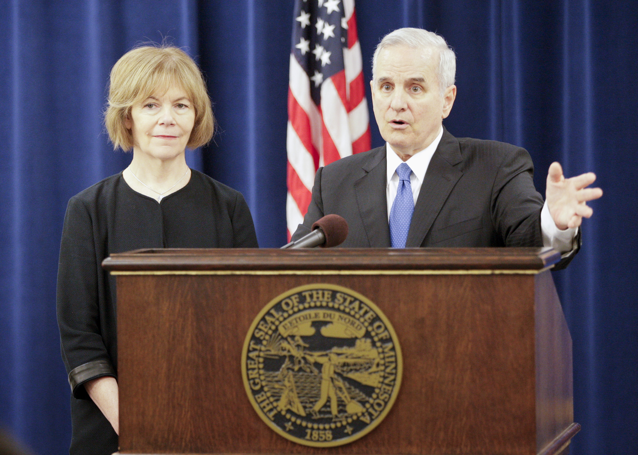 Gov. Mark Dayton and Lt. Gov. Tina Smith answer questions at a May 16 press conference where he expressed his displeasure with the funding level agreed upon by legislative leaders the day before. He threatened to veto the E-12 education funding bill if an a
