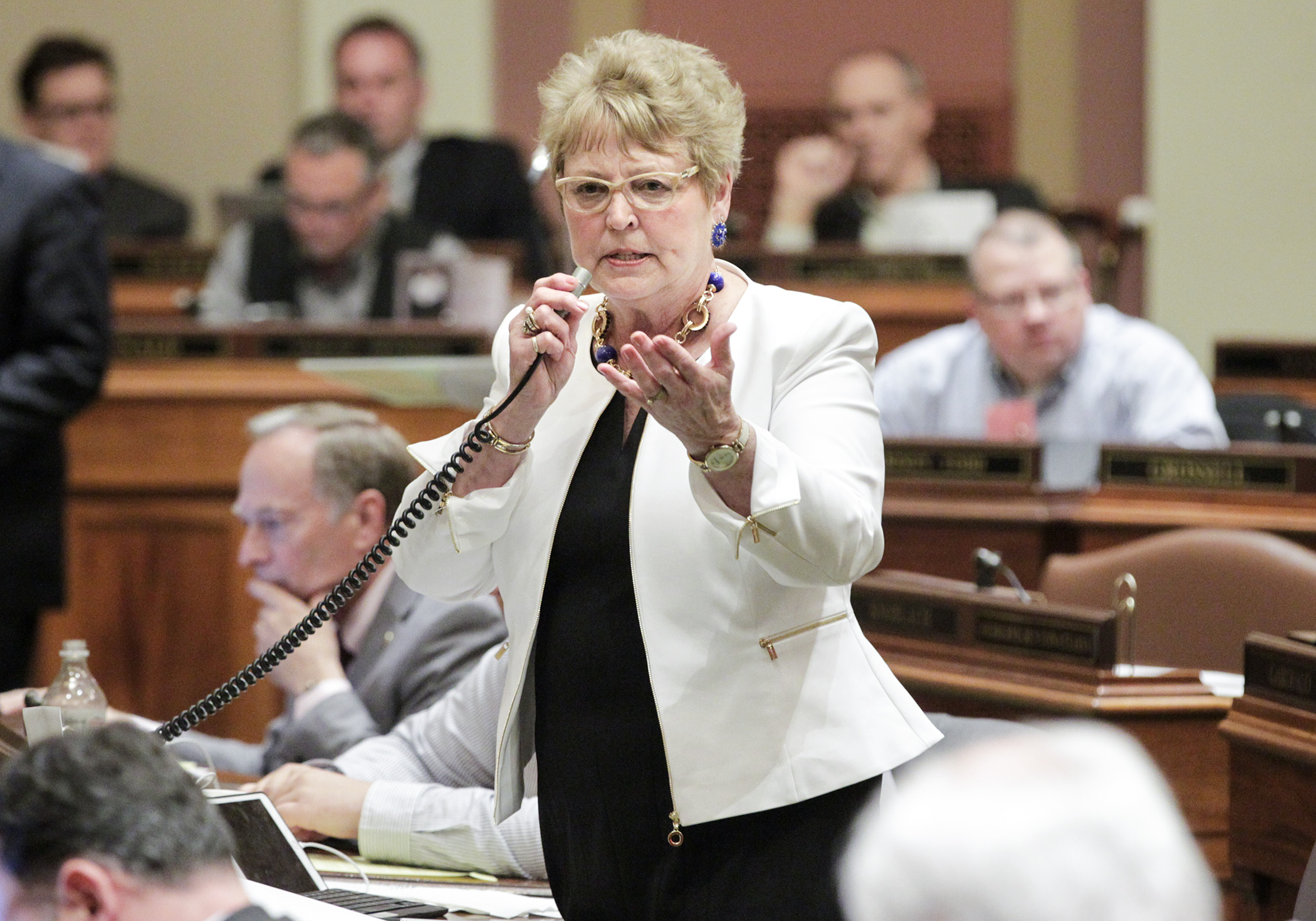 Rep. Sondra Erickson makes final comments during May 16 floor debate on the conference committee report on HF140/SF4, which would overhaul the teacher licensure system. Photo by Paul Battaglia