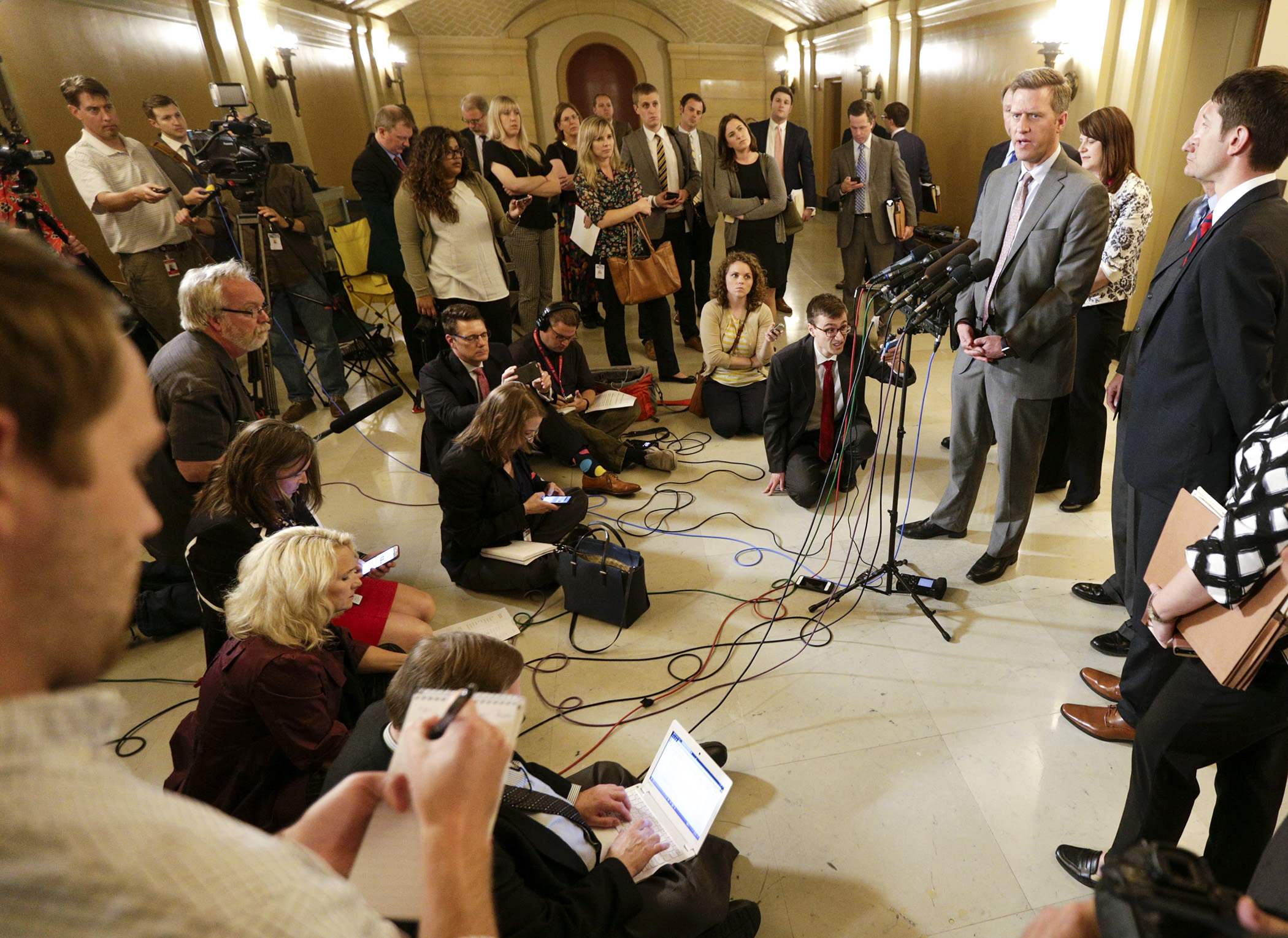 House Speaker Kurt Daudt discusses the counteroffer made by Republican leaders to Gov. Mark Dayton after an afternoon meeting May 16. Photo by Paul Battaglia
