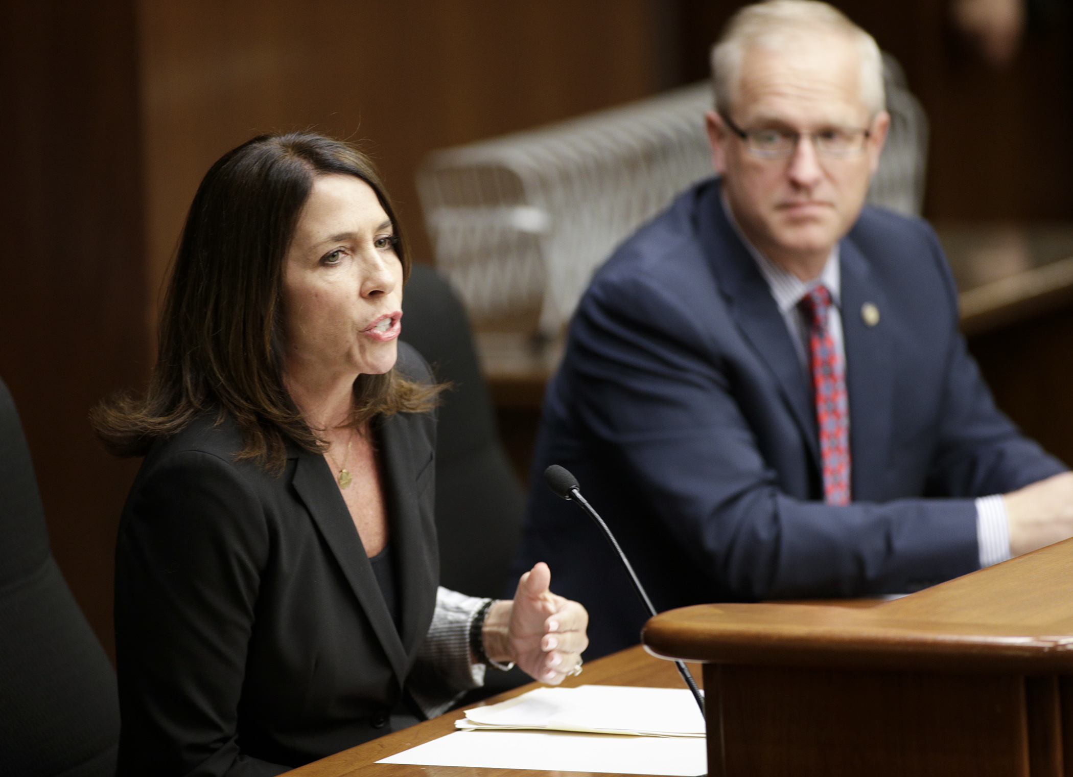 Kris Kowalski Christiansen, CEO of Kowalski’s Markets, testifies at hearing in the House Commerce and Regulatory Reform Committee in favor of HF4152 that would allow off-sale intoxicating liquor to be sold by food retailers. Photo by Paul Battaglia