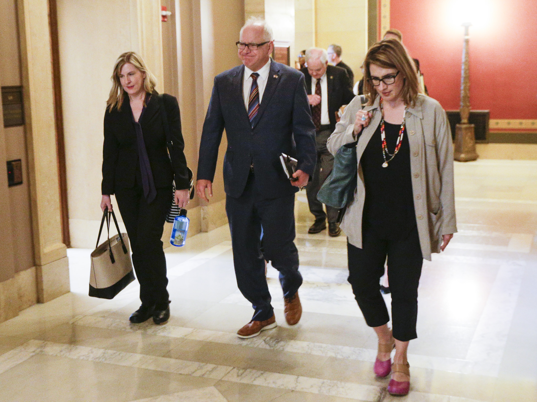 House Speaker Melissa Hortman, left, Gov. Tim Walz, and Lt. Gov. Peggy Flanagan head in for budget talks in the early afternoon May 16. Photo by Paul Battaglia