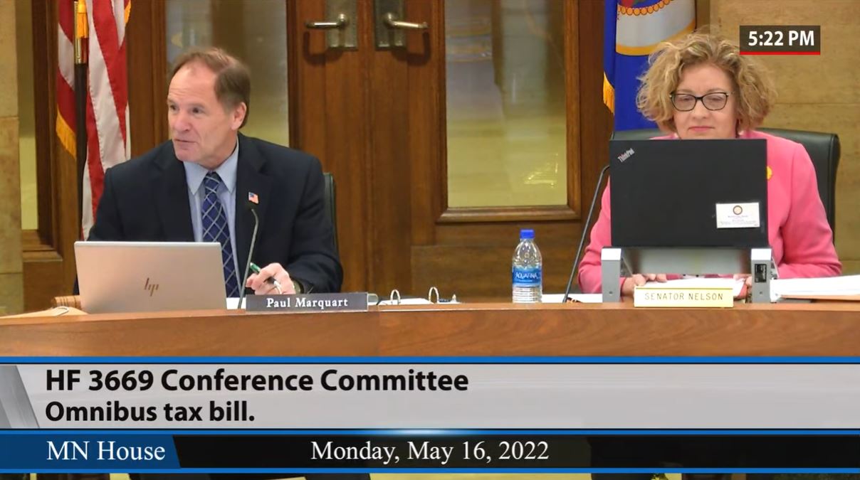 House and Senate tax chairs, Rep. Paul Marquart, left, and Sen. Carla Nelson, right, during the walk-through from nonpartisan staff of HF3669/SF3669*, the omnibus tax bill, during a May 16 conference committee meeting. (Screenshot)