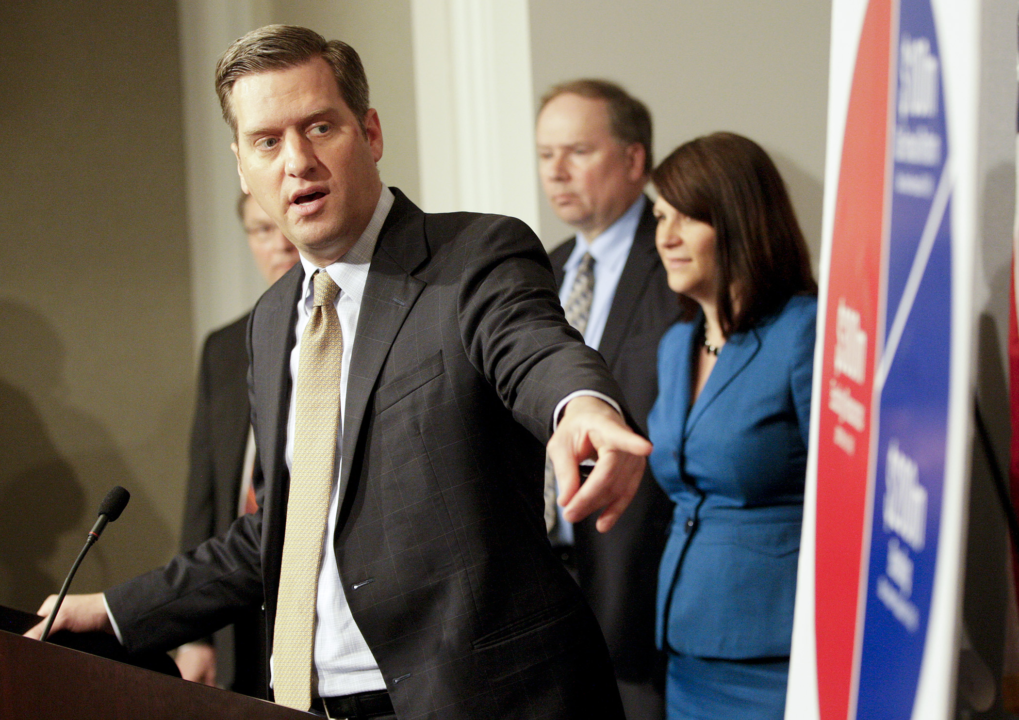 House Speaker Kurt Daudt outlines the Republican counteroffer to Gov. Mark Dayton’s transportation funding package that was revealed Monday. Photo by Paul Battaglia
