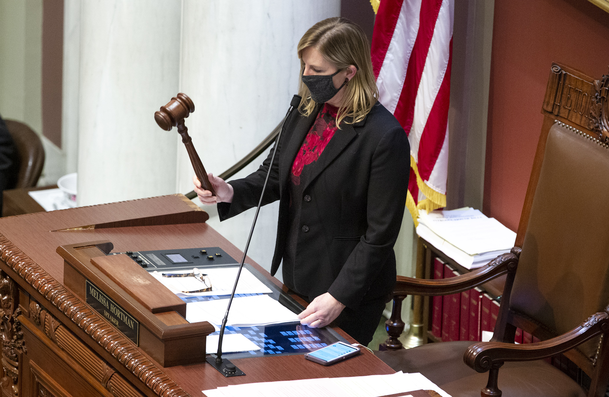 House Speaker Melissa Hortman gavels out the 2020 legislative session sine die early May 18. Photo by Paul Battaglia